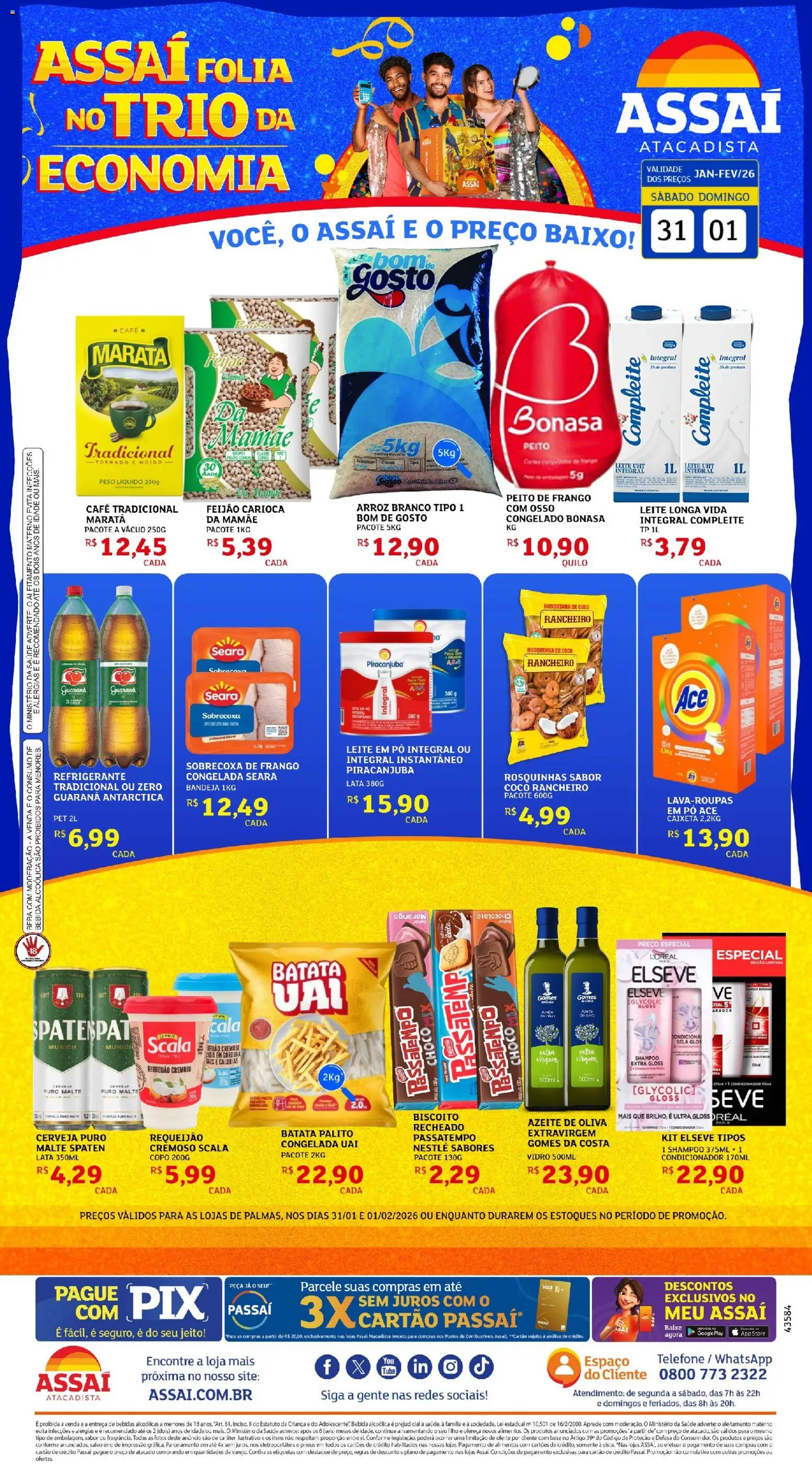Assaí Atacadista Folheto - válido de 31.01.2026 | Página: 1 | Produtos: Gomes da costa, Baixo, Azeite, Peito de frango