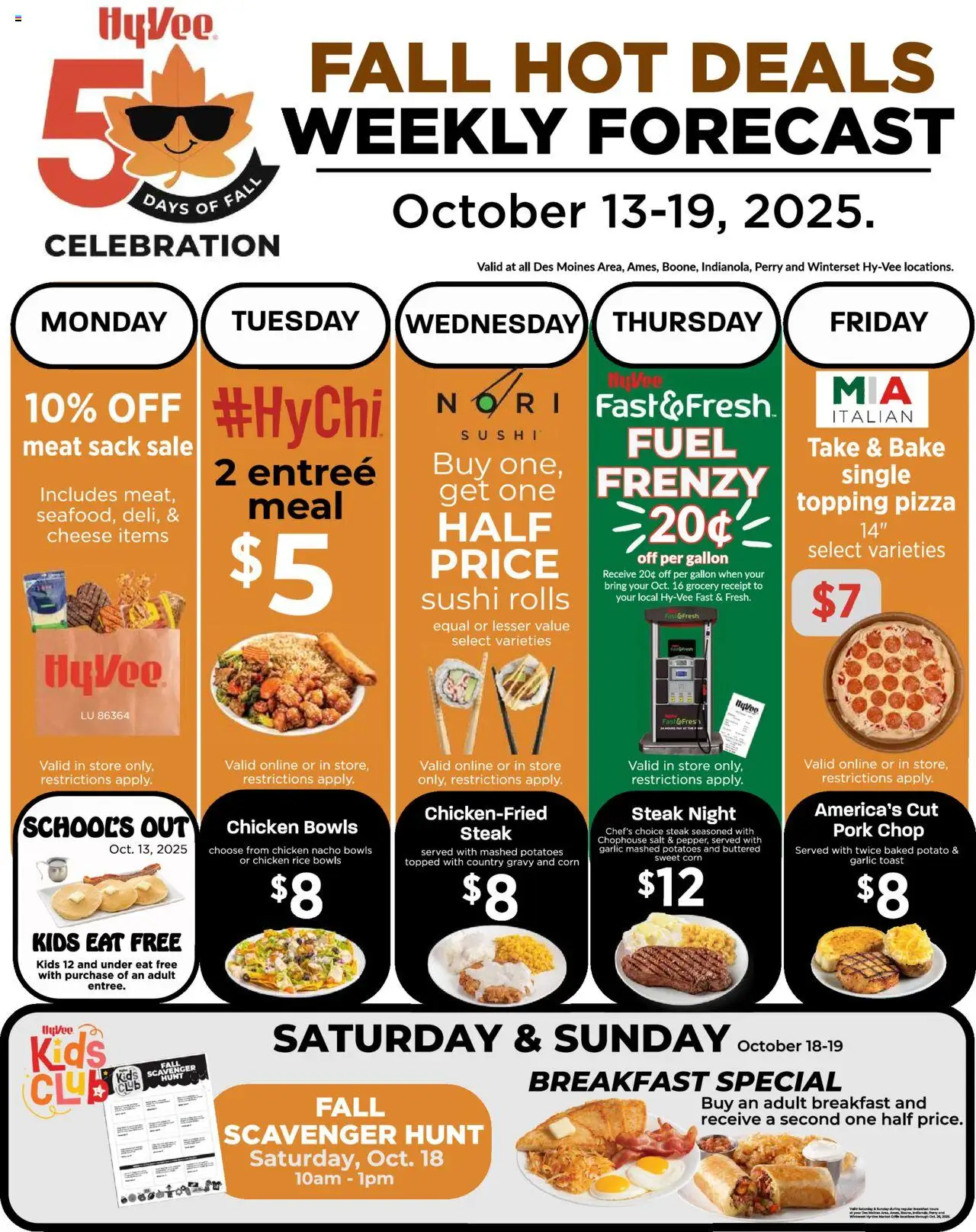 HyVee 50 Days of Fall Deals - valid from 13.10.2025 | Page: 1 | Products: Cheese, Pizza, Potatoes, Salt