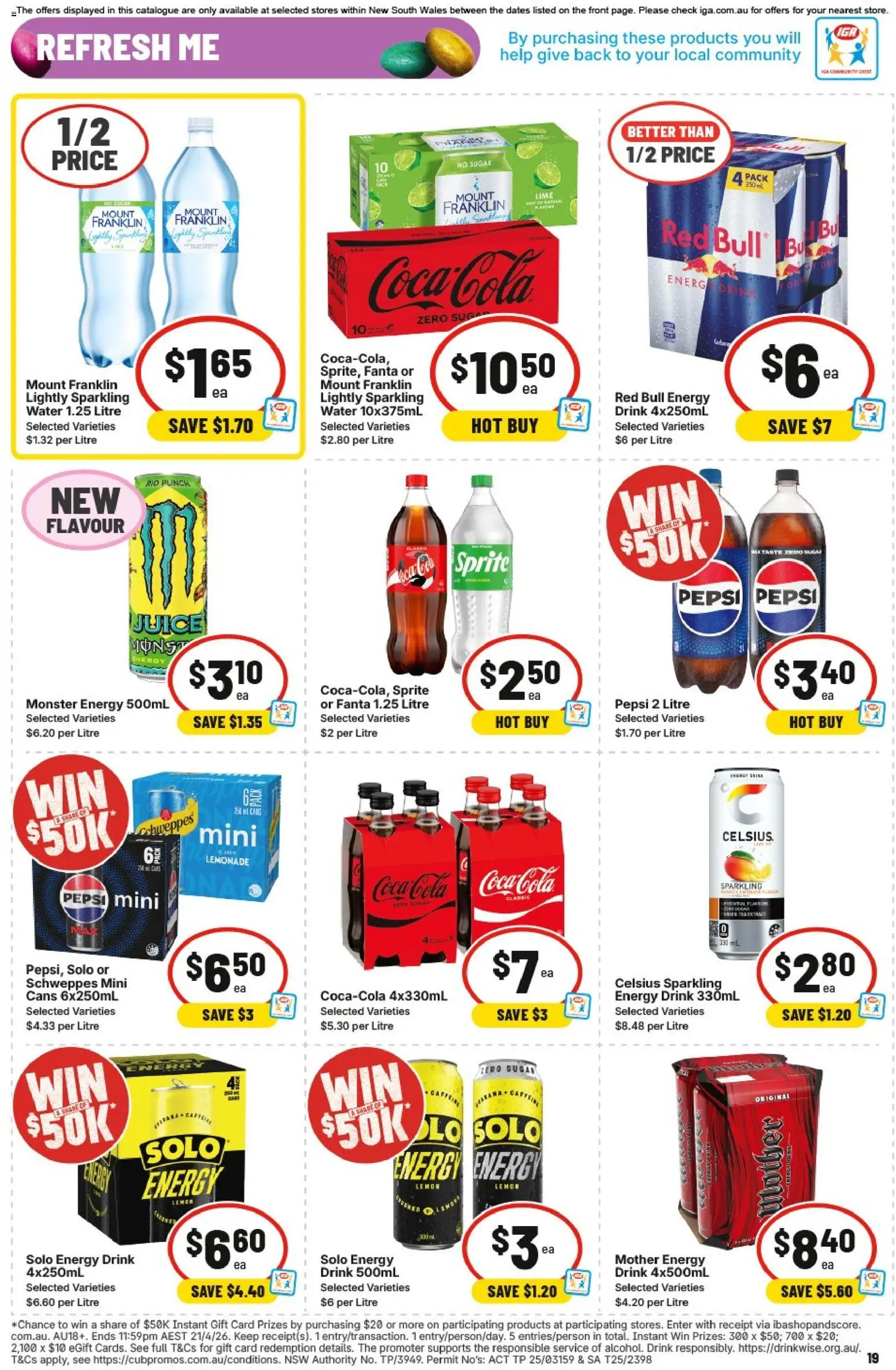 IGA catalogue - valid from 25.03.2026 | Page: 19 | Products: Energy drink, Juice, Coca Cola, Pepsi
