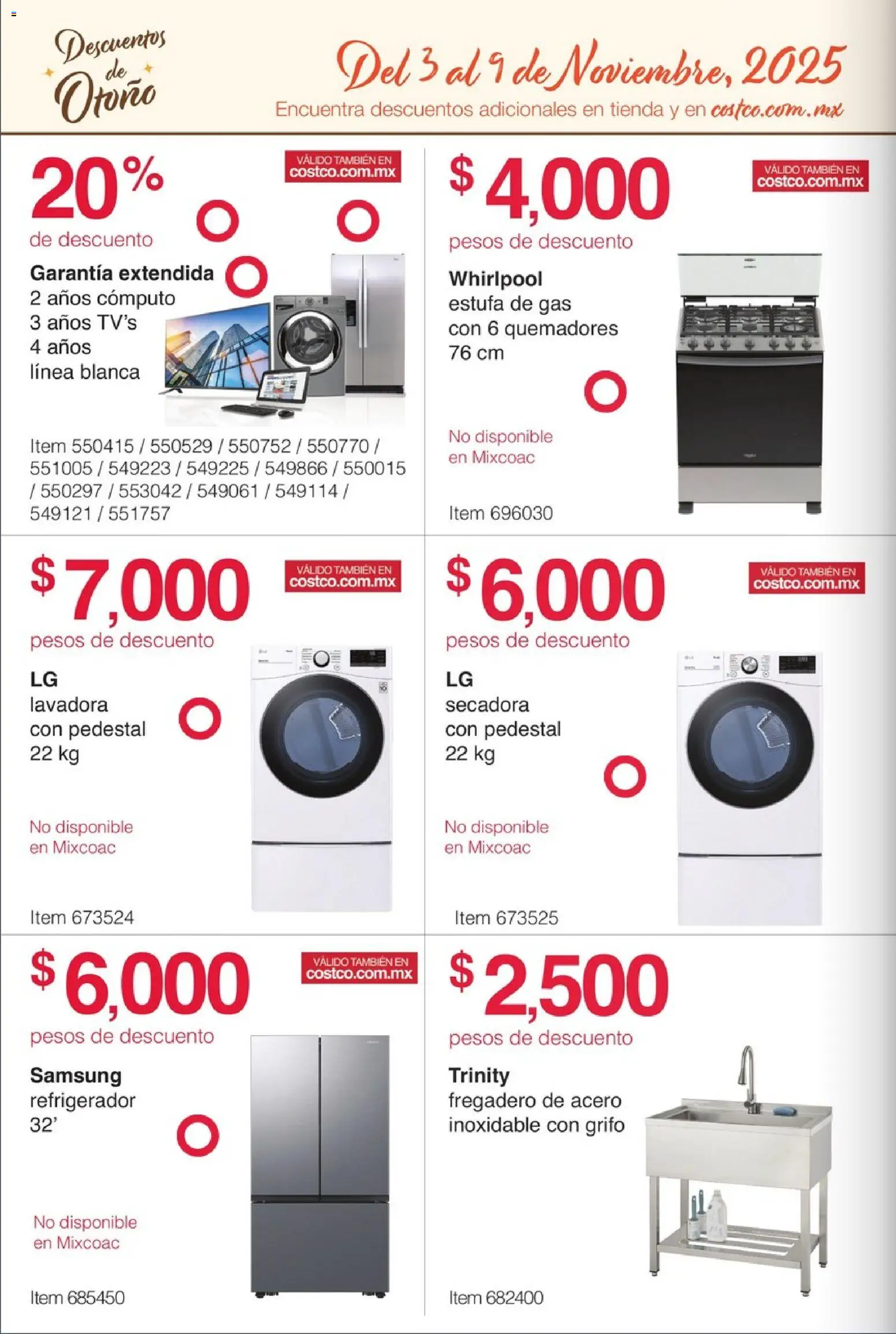 Nuevas ofertas de Costco válidas en toda la República Mexicana desde el 03.11.2025. ¡Encuentra las mejores ofertas en Costco catálogo Descuentos de Otoño! | Página: 4 | Productos: Grifo, Refrigerador, Secadora, Lavadora