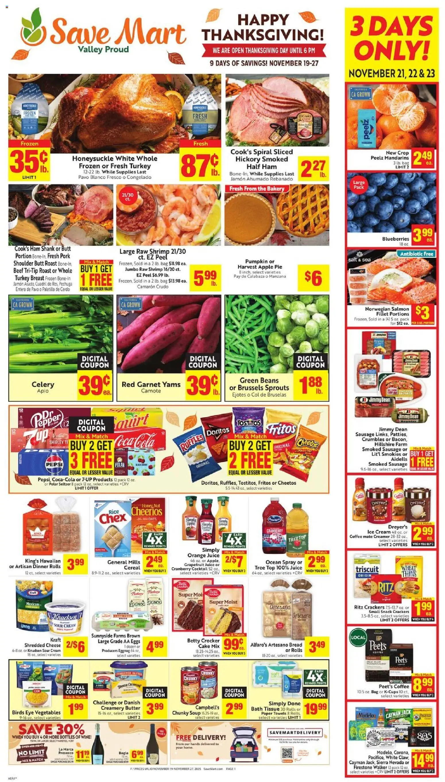 Save Mart Weekly - CA - valid from 19.11.2025 | Page: 1 | Products: Mandarins, Brussels Sprouts, Wine, Pork