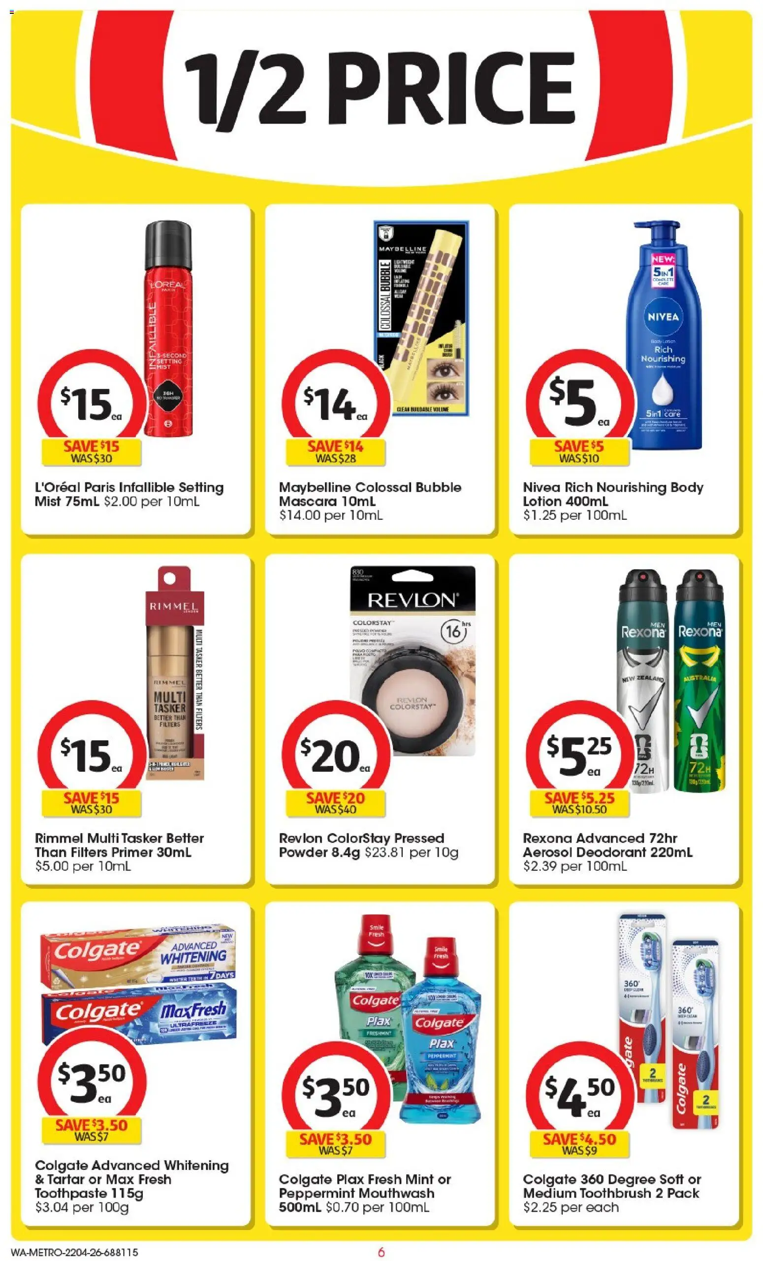 Coles catalogue - valid from 22.04.2026 | Page: 6 | Products: Powder, Mascara, Mouthwash, Toothbrush