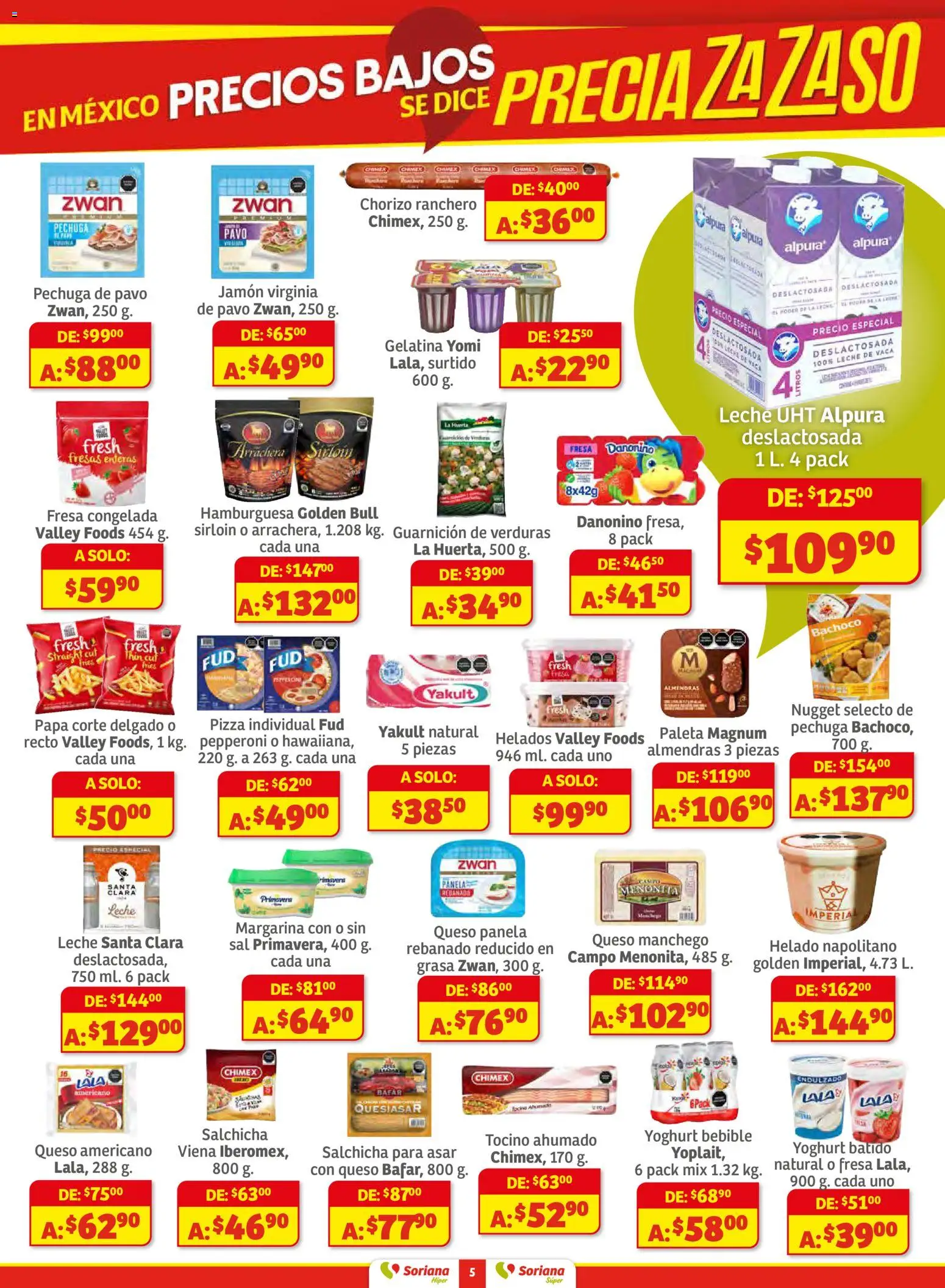 Nuevas ofertas de Soriana válidas en toda la República Mexicana desde el 13.11.2025. ¡Encuentra las mejores ofertas en Soriana - Preciazazaso Súper: Camp, Chia, Oax, Q. Roo, Tab, Yuc! | Página: 5 | Productos: Gelatina, Sal, Salchicha, Chorizo