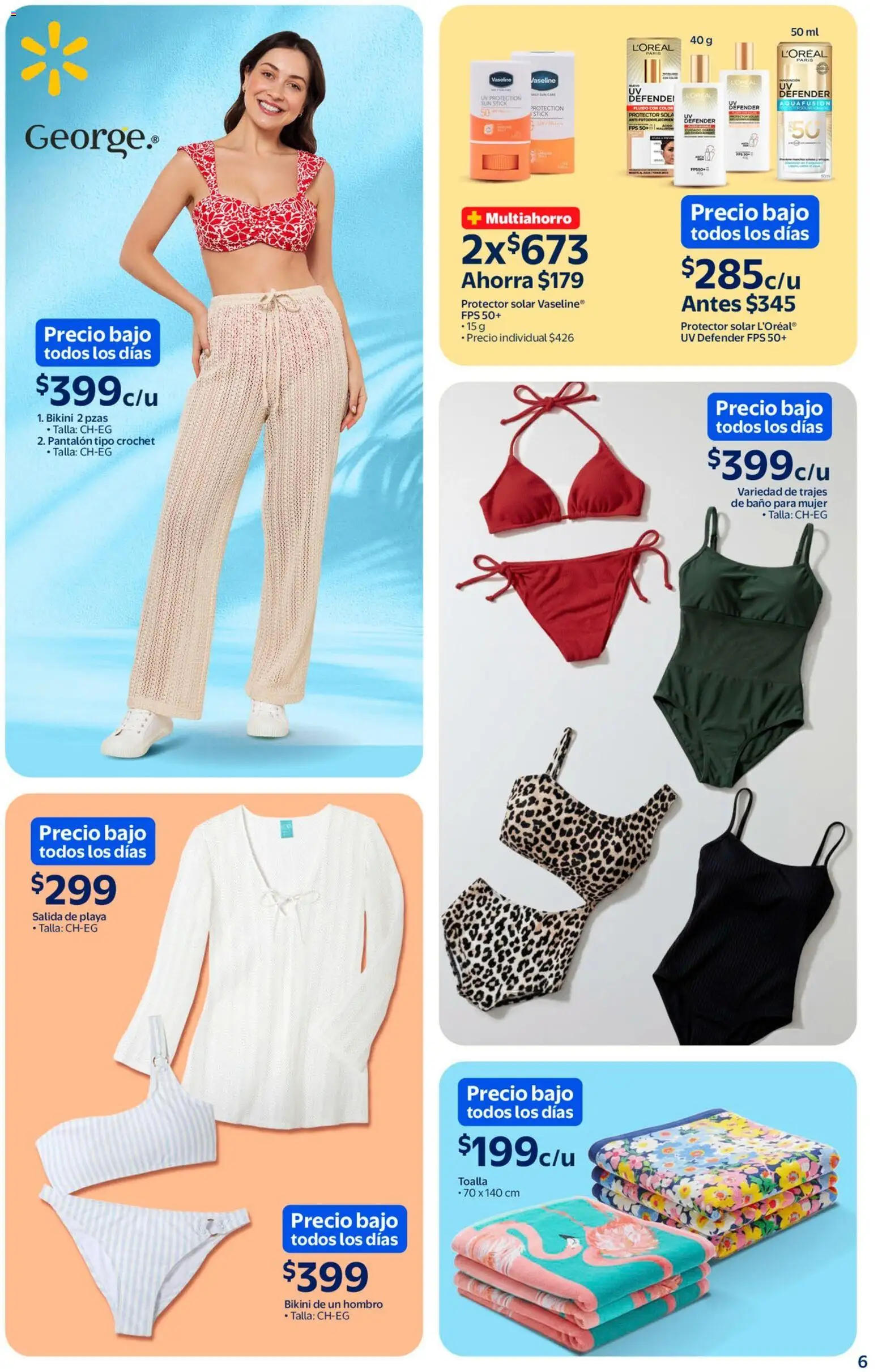 Nuevas ofertas de Walmart válidas en toda la República Mexicana desde el 05.03.2026. ¡Encuentra las mejores ofertas en Walmart folleto Sol, arena y bronceador a precios bajos! | Página: 6 | Productos: Toalla, Bikini, Baño, Protector solar