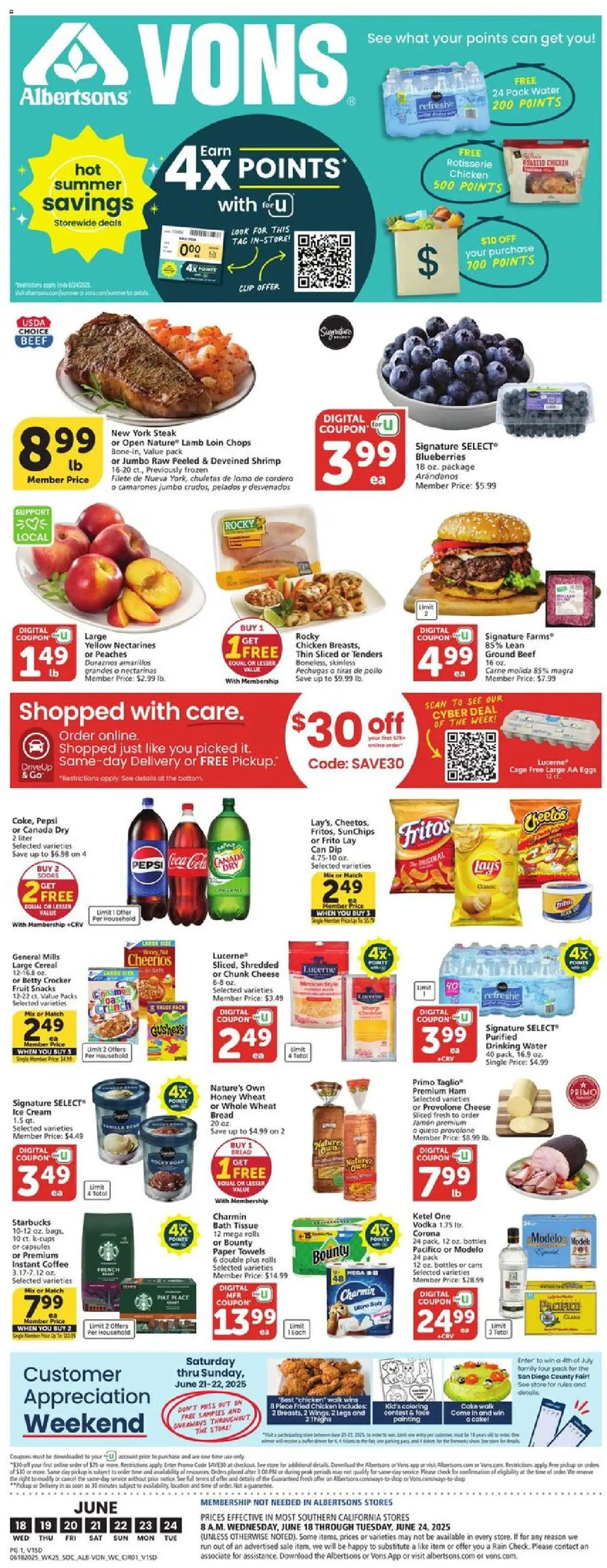 Vons Weekly Ad - valid from 18.06.2025 | Page: 1 | Products: Ham, Beef, Cream, Water