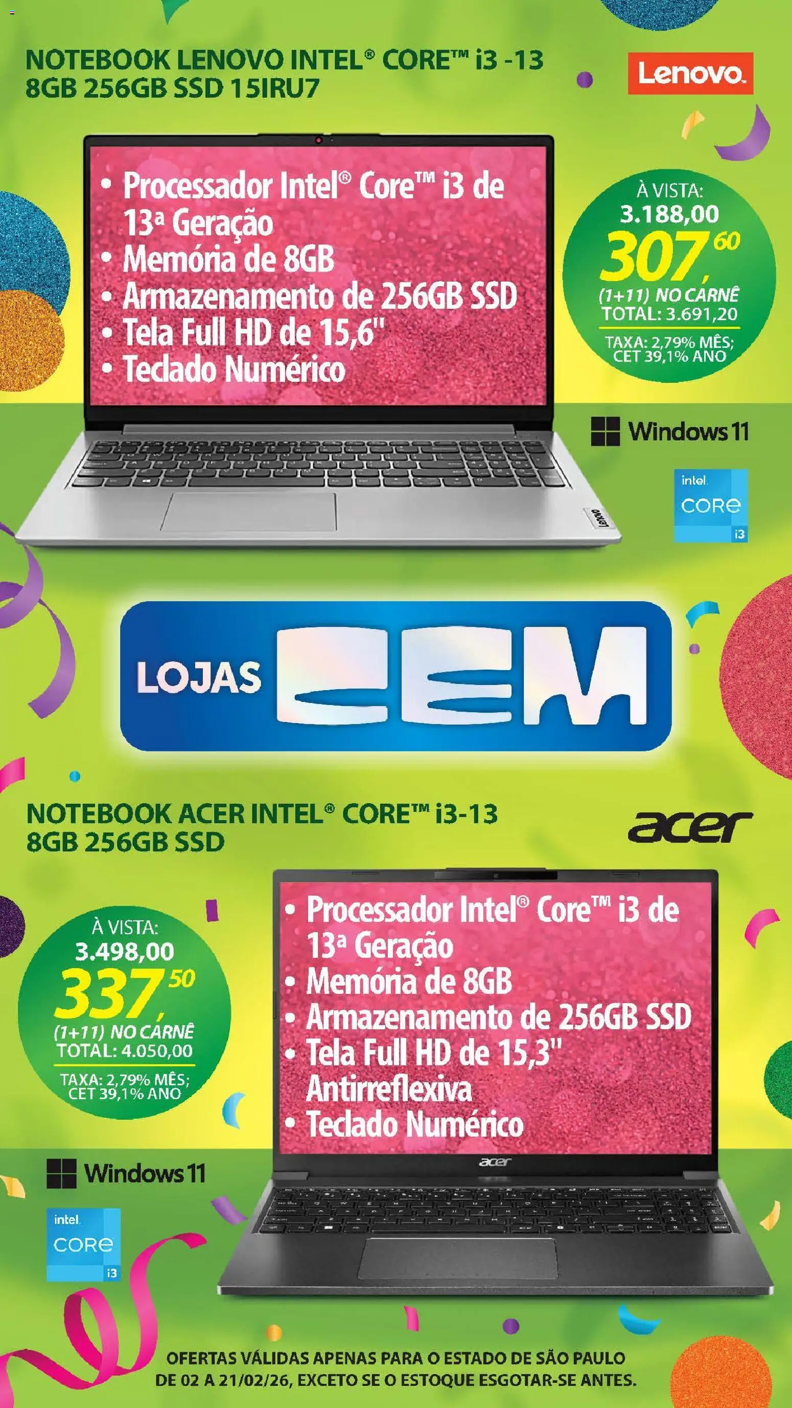 Lojas Cem Folheto - válido de 02.02.2026 | Página: 17 | Produtos: Notebook, Processador, Tela, Carne