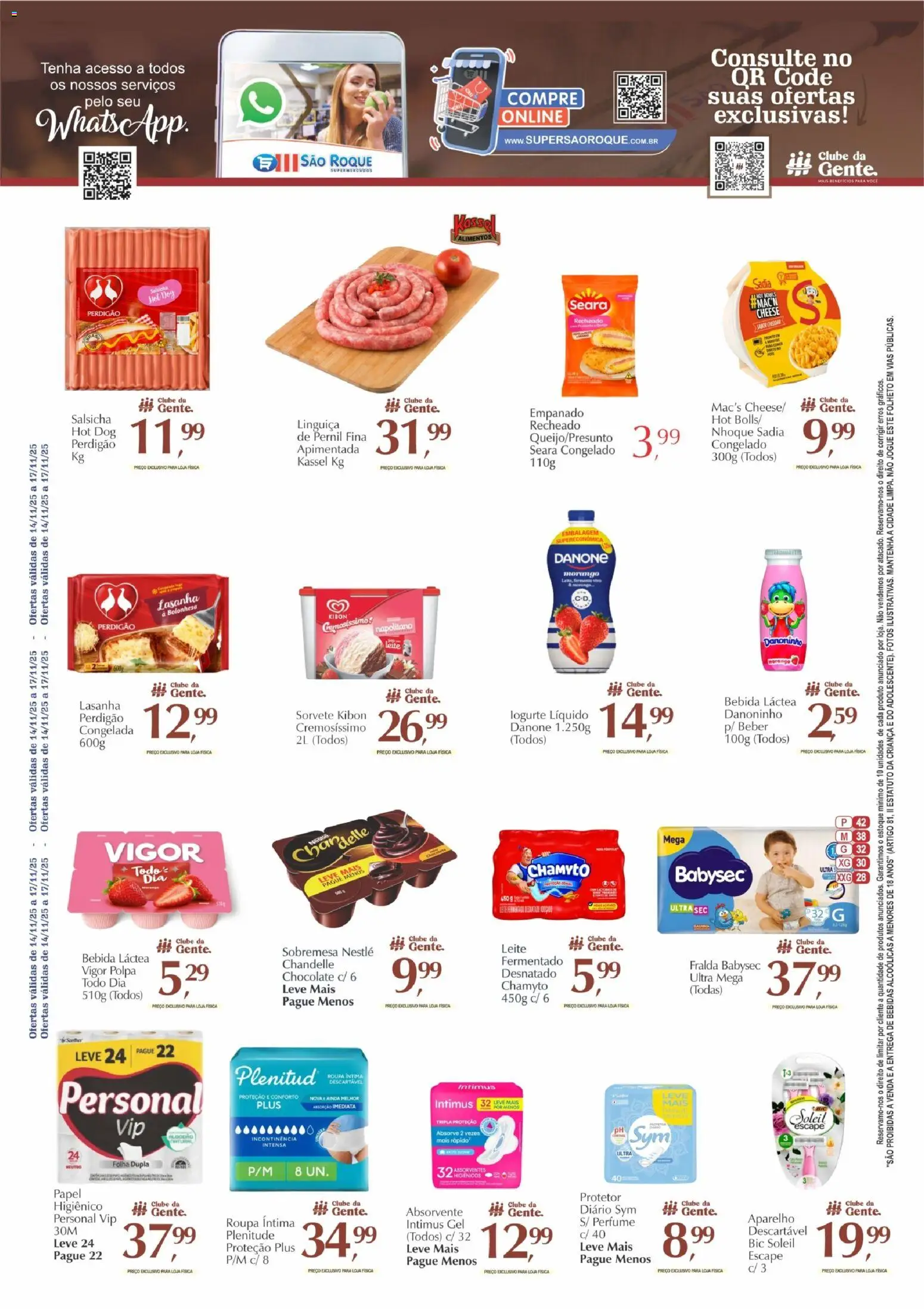 São Roque Supermercados Folheto - válido de 14.11.2025 | Página: 5 | Produtos: Salsicha, Leite, Chocolate, Papel higiênico
