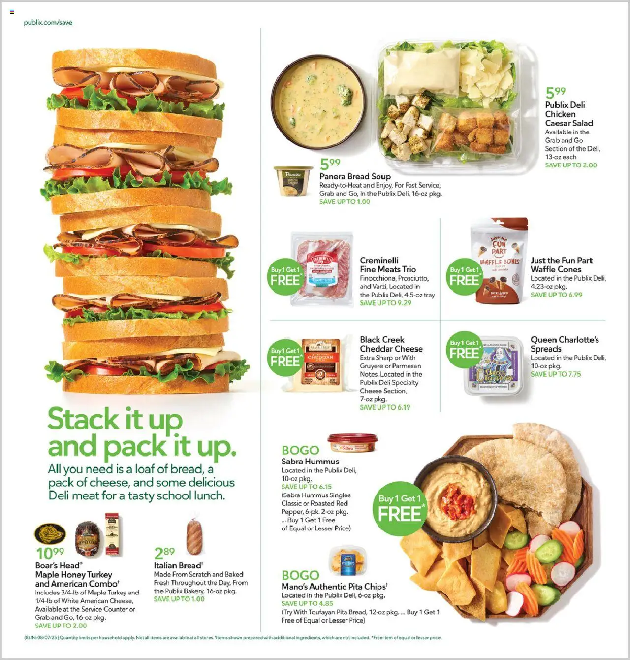 Publix Weekly Ad - valid from 06.08.2025 | Page: 8 | Products: Cheese, Bread, Chips, Salad