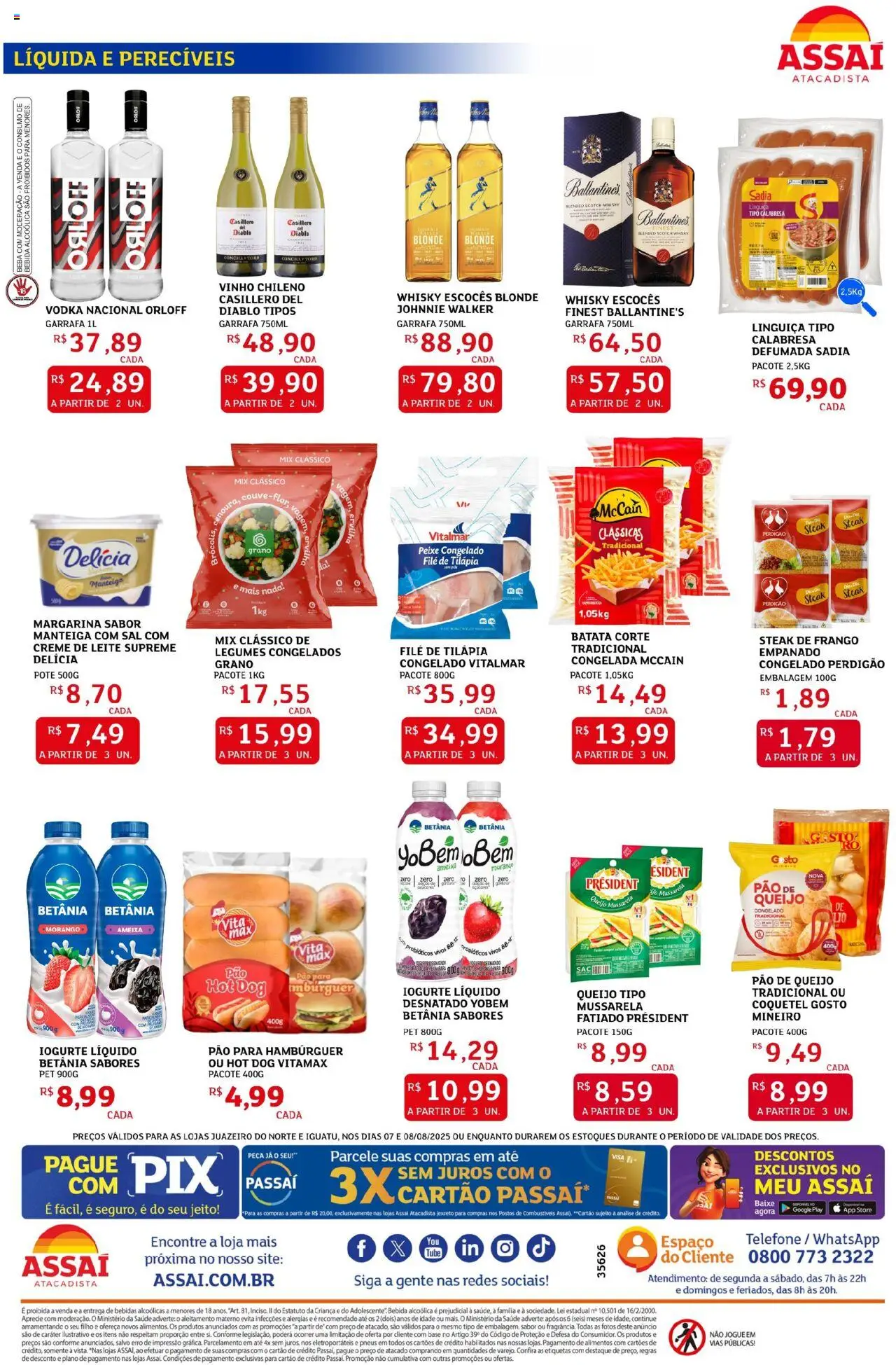 Assaí Atacadista Folheto - válido de 07.08.2025 | Página: 2 | Produtos: Whisky, Batata, Creme de leite, Filé de tilápia
