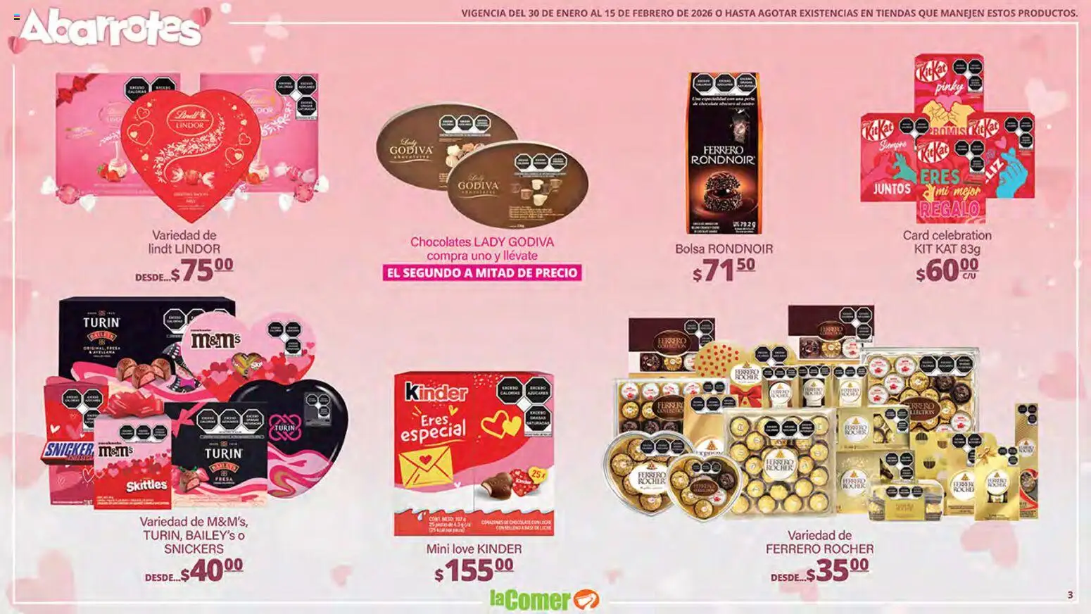 Nuevas ofertas de La Comer válidas en toda la República Mexicana desde el 30.01.2026. ¡Encuentra las mejores ofertas en La Comer folleto San Valentín! | Página: 3 | Productos: Bolsa, Leche