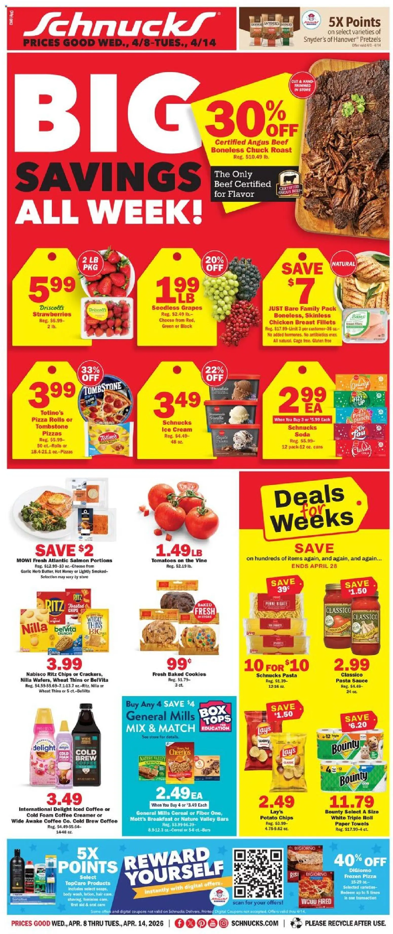Schnucks Weekly Ad - valid from 08.04.2026 | Page: 1 | Products: Coffee, Tomatoes, Pasta, Cream