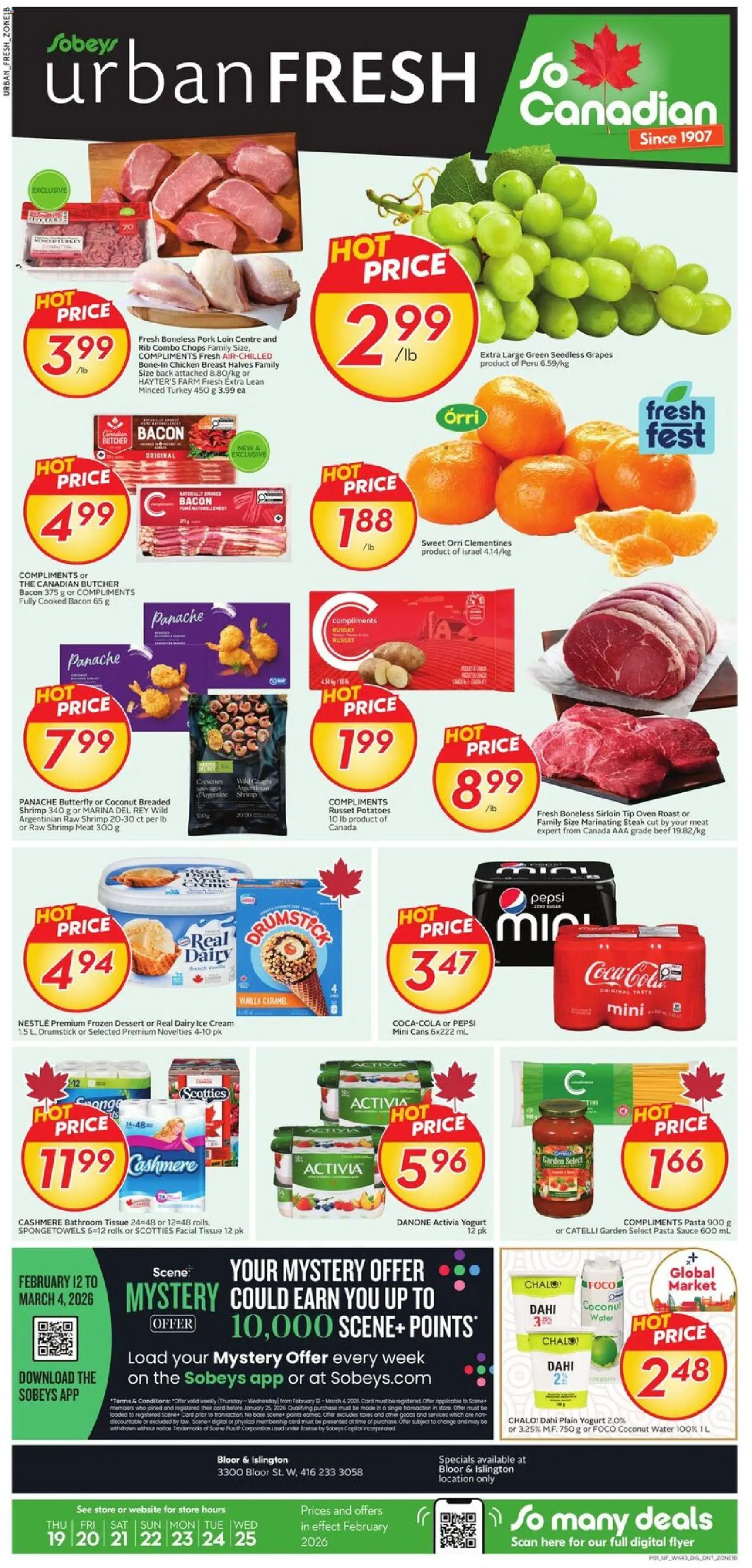 Sobeys flyer valid from 19.02.2026 | Page: 1 | Products: Beef, Pasta, Yogurt, Pork