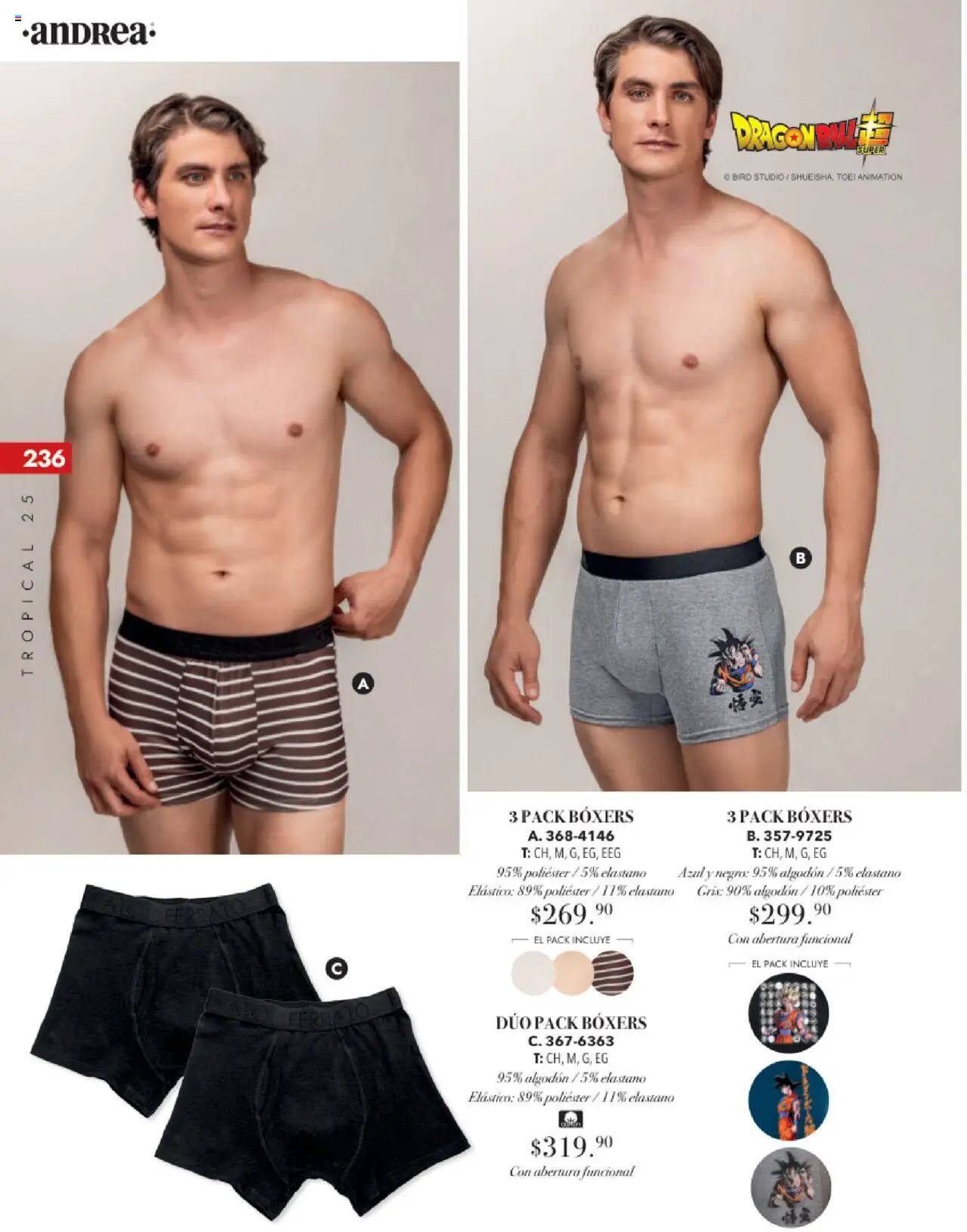 Nuevas ofertas de Andrea válidas en toda la República Mexicana desde el 17.08.2025. ¡Encuentra las mejores ofertas en Andrea - Catálogo Tropical Otoño / Invierno! | Página: 236 | Productos: Boxers, Algodón