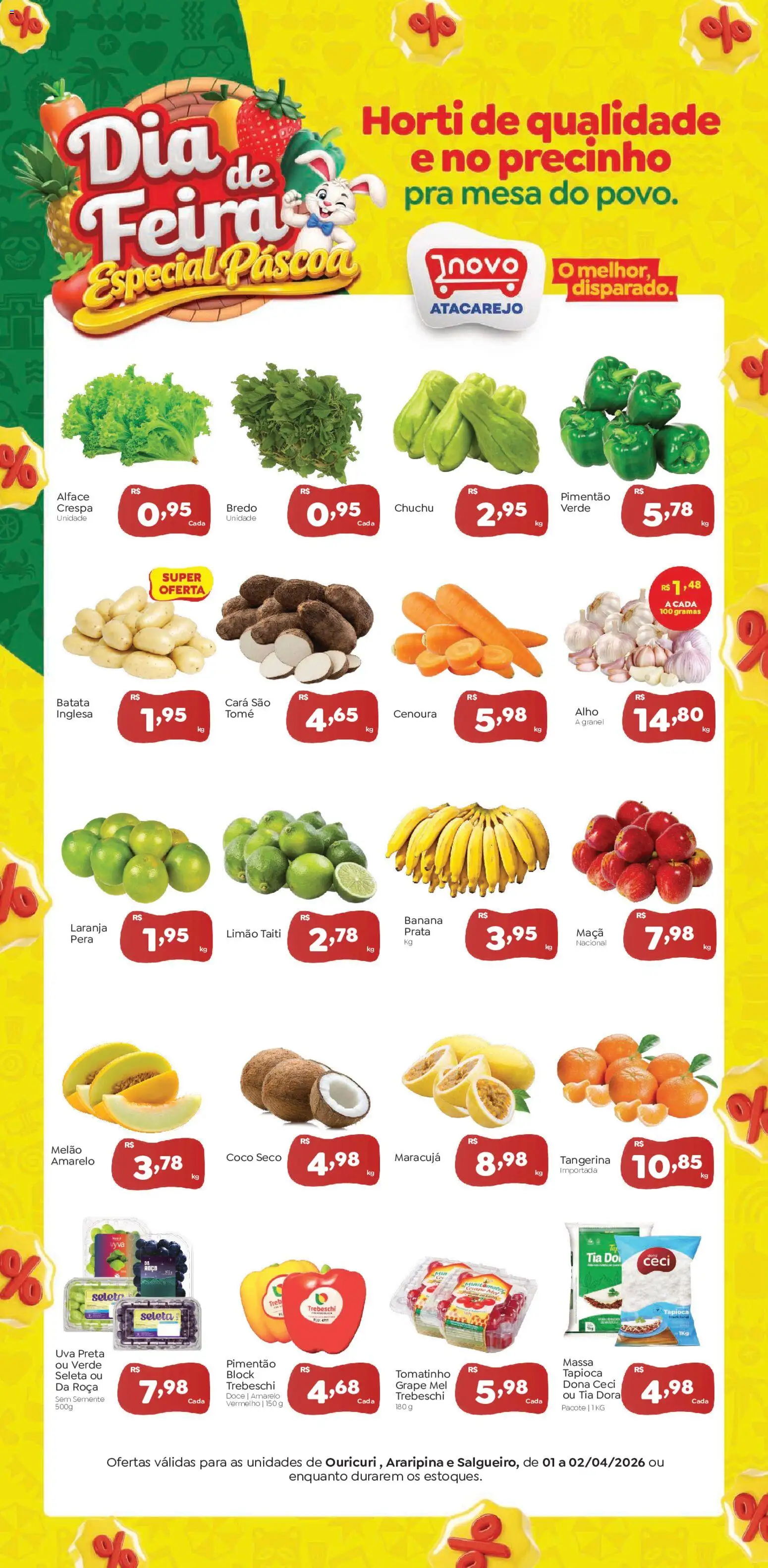 Novo Atacarejo Folheto - válido de 01.04.2026 | Página: 1 | Produtos: Coco, Maracujá, Pimentão, Alface