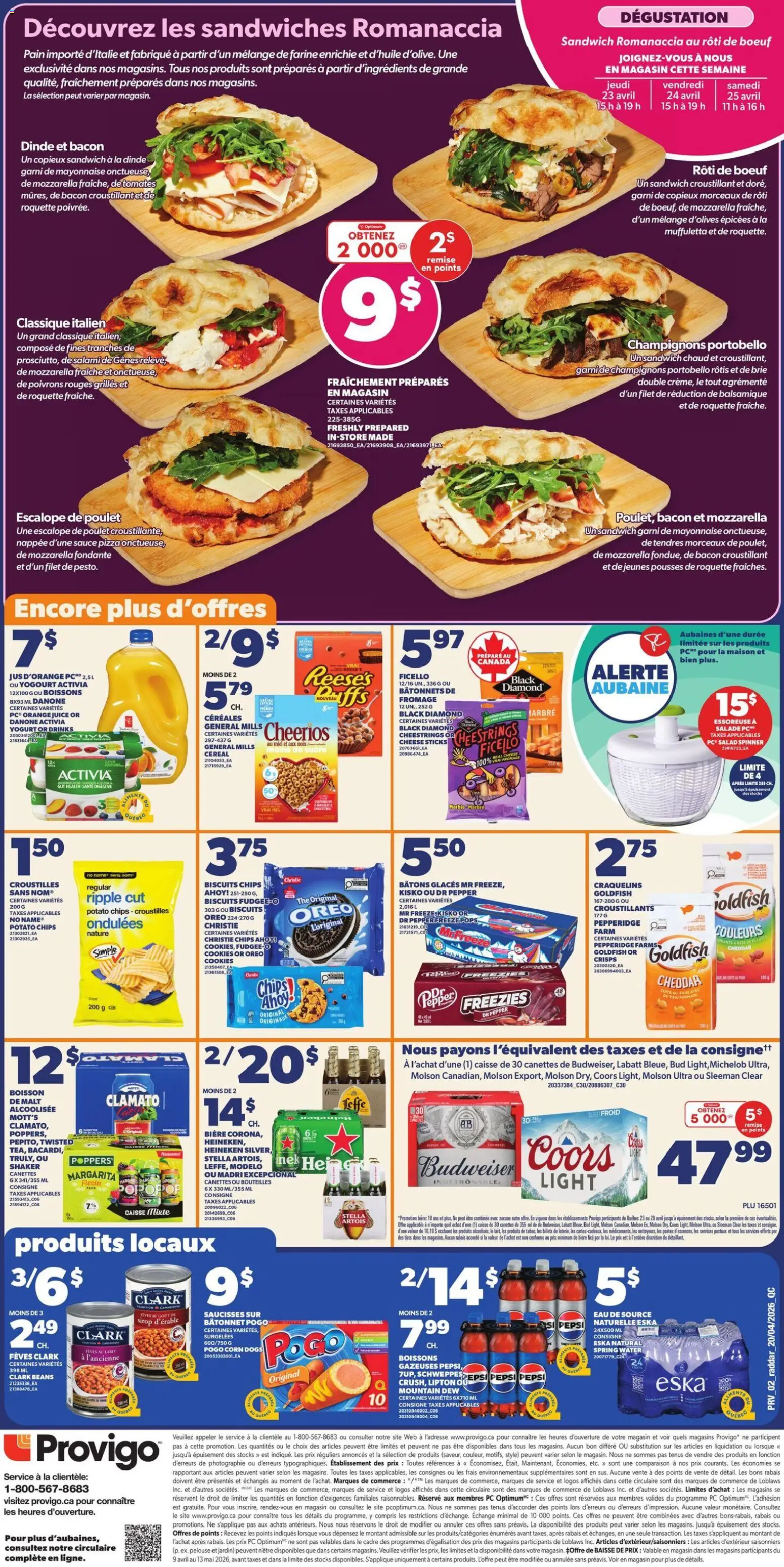 Provigo flyer valid from 23.04.2026 | Page: 2 | Products: Chips, Salad, Cheese, Salami