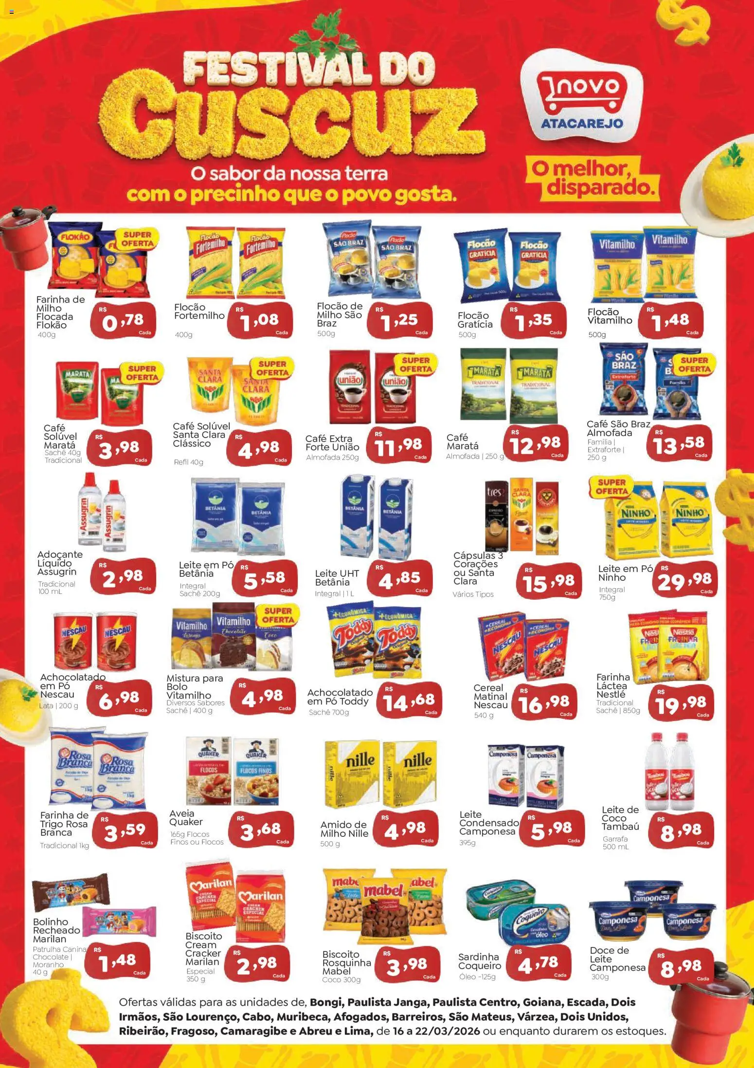 Novo Atacarejo Folheto - válido de 16.03.2026 | Página: 1 | Produtos: Nescau, Achocolatado, Café, Aveia