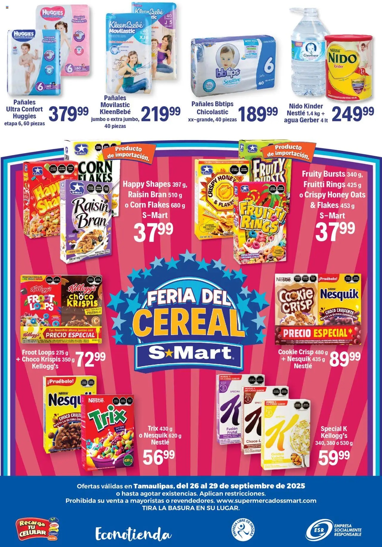 Nuevas ofertas de S-Mart válidas en toda la República Mexicana desde el 26.09.2025. ¡Encuentra las mejores ofertas en S-Mart - Folleto - Nuevo Laredo! | Página: 6 | Productos: Agua, Chocolate, Hojuelas, Pañales