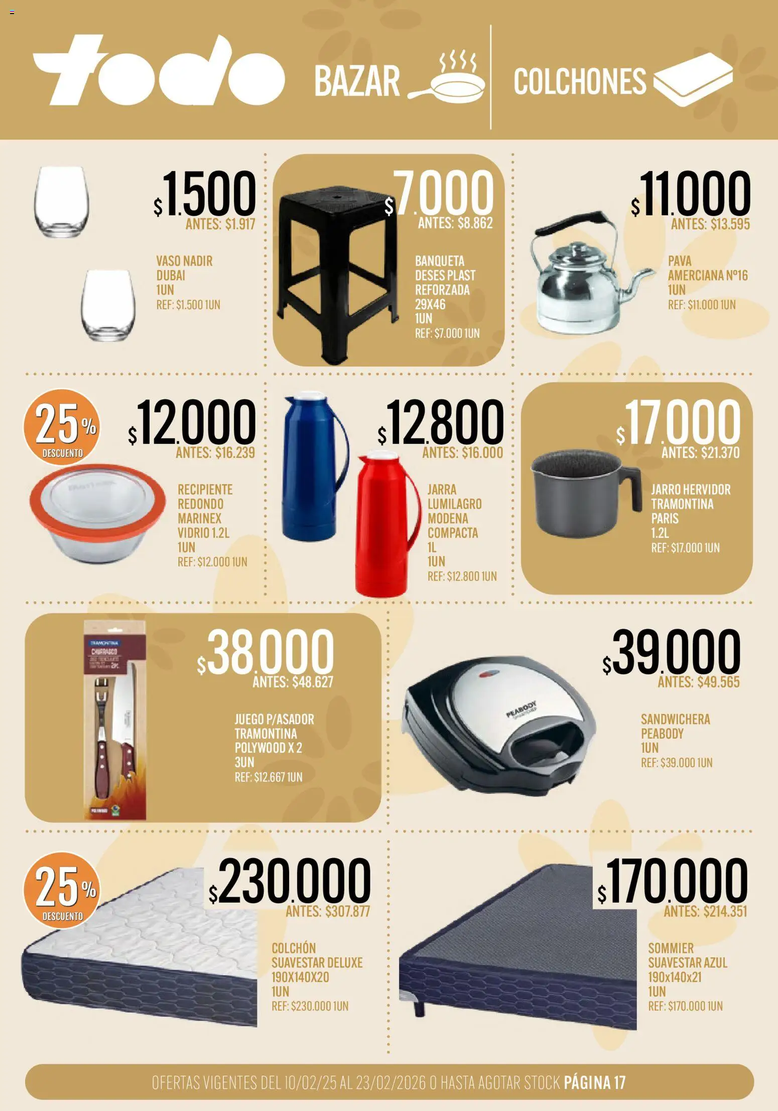 Supermercados TODO - Ofertas │ válido desde el 10.02.2026 | Página: 17 | Productos: Banqueta, Sandwichera, Colchón, Jarra