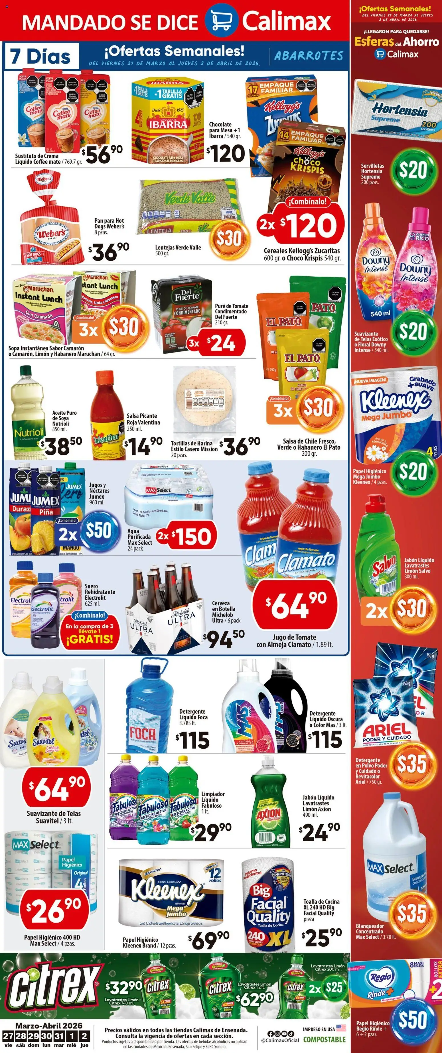 Nuevas ofertas de Calimax válidas en toda la República Mexicana desde el 27.03.2026. ¡Encuentra las mejores ofertas en Calimax folleto Ensenada! | Página: 6 | Productos: Detergente, Jugo, Ropa, Polvo