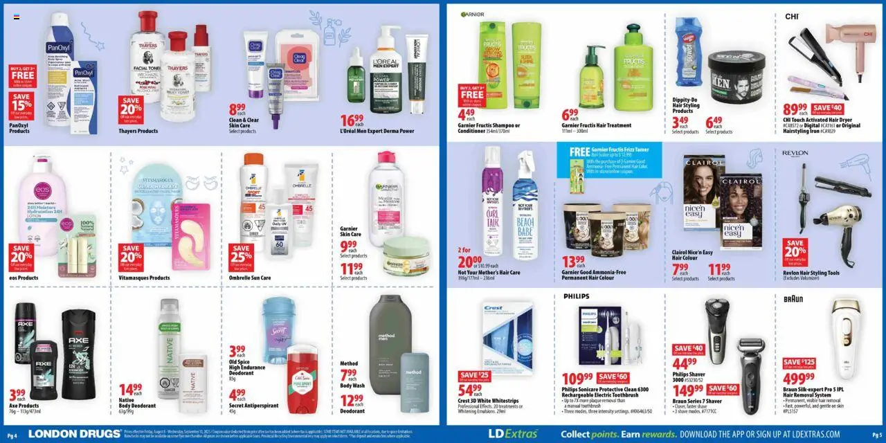 London Drugs flyer valid from 08.08.2025 | Page: 3 | Products: Dryer, Shaver, Conditioner, Body wash