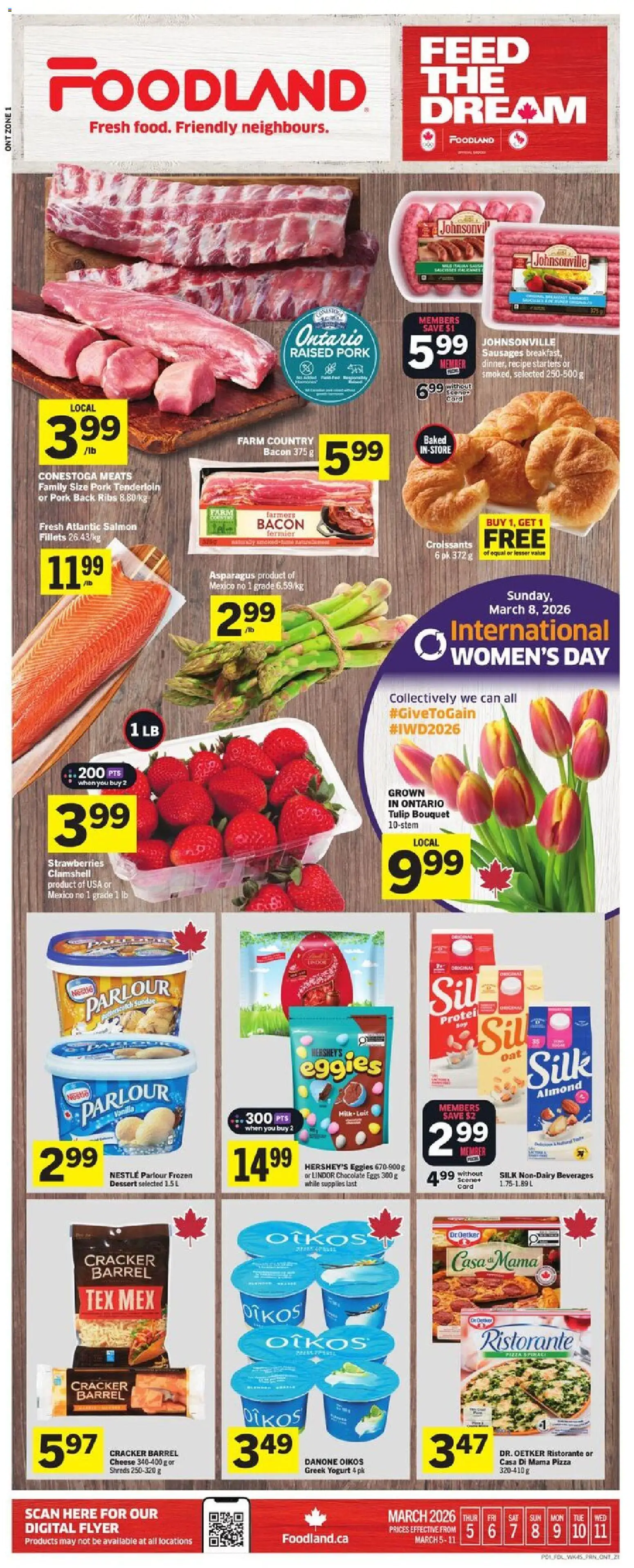 Foodland flyer valid from 05.03.2026 | Page: 1 | Products: Cheese, Yogurt, Chocolate, Pork
