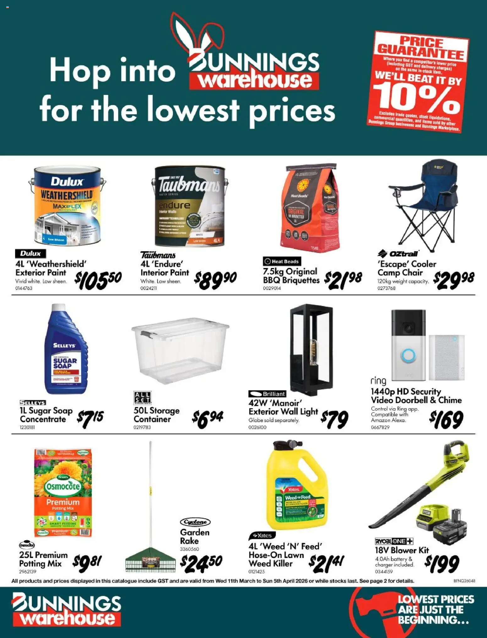 Bunnings Warehouse catalogue - valid from 11.03.2026 | Page: 1 | Products: Charger, Rake, Soap, Weight