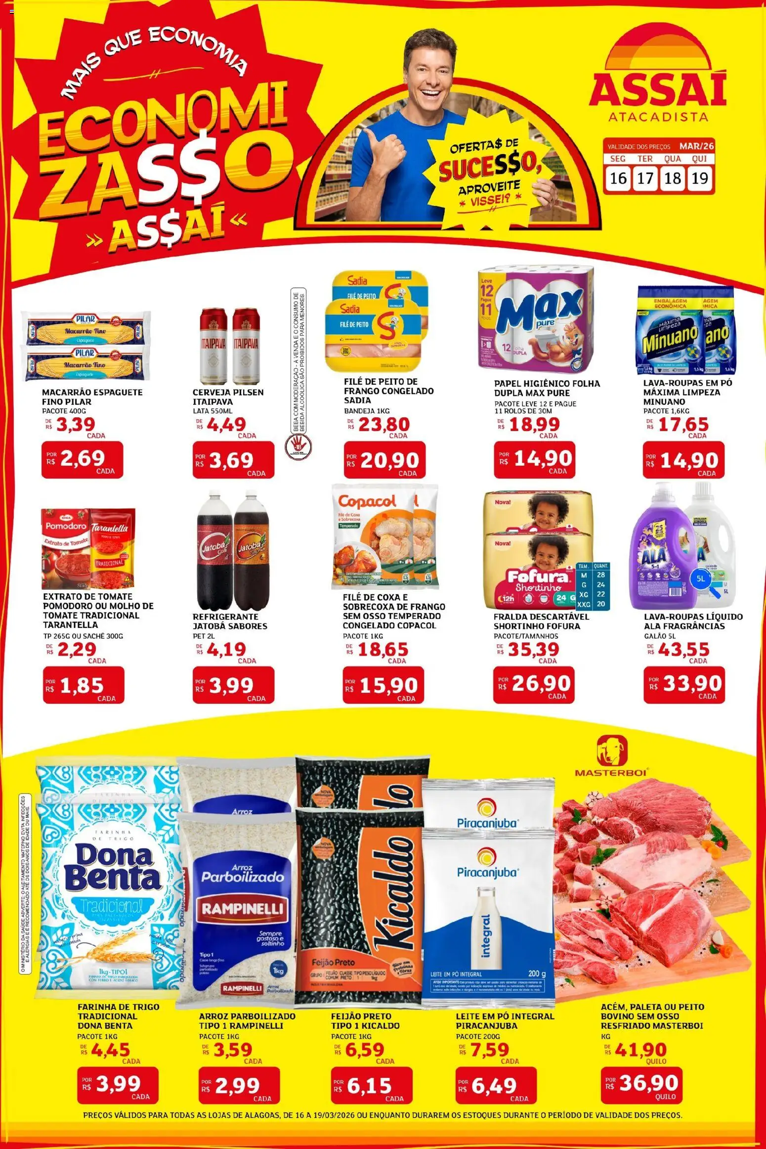 Assaí Atacadista Folheto - válido de 16.03.2026 | Página: 1 | Produtos: Cerveja, Frango, Papel higiênico, Leite em pó