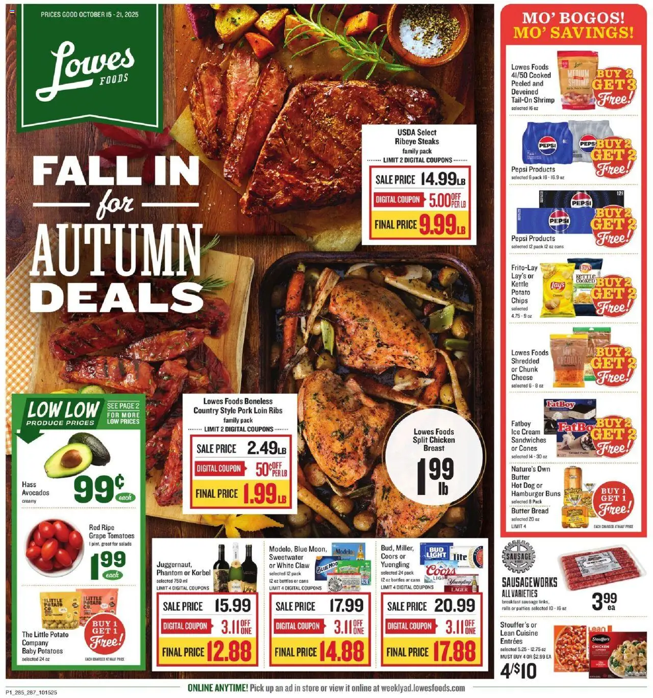 Lowes Foods Weekly Ad - valid from 15.10.2025 | Page: 1 | Products: Bread, Pork, Tomatoes, Chips