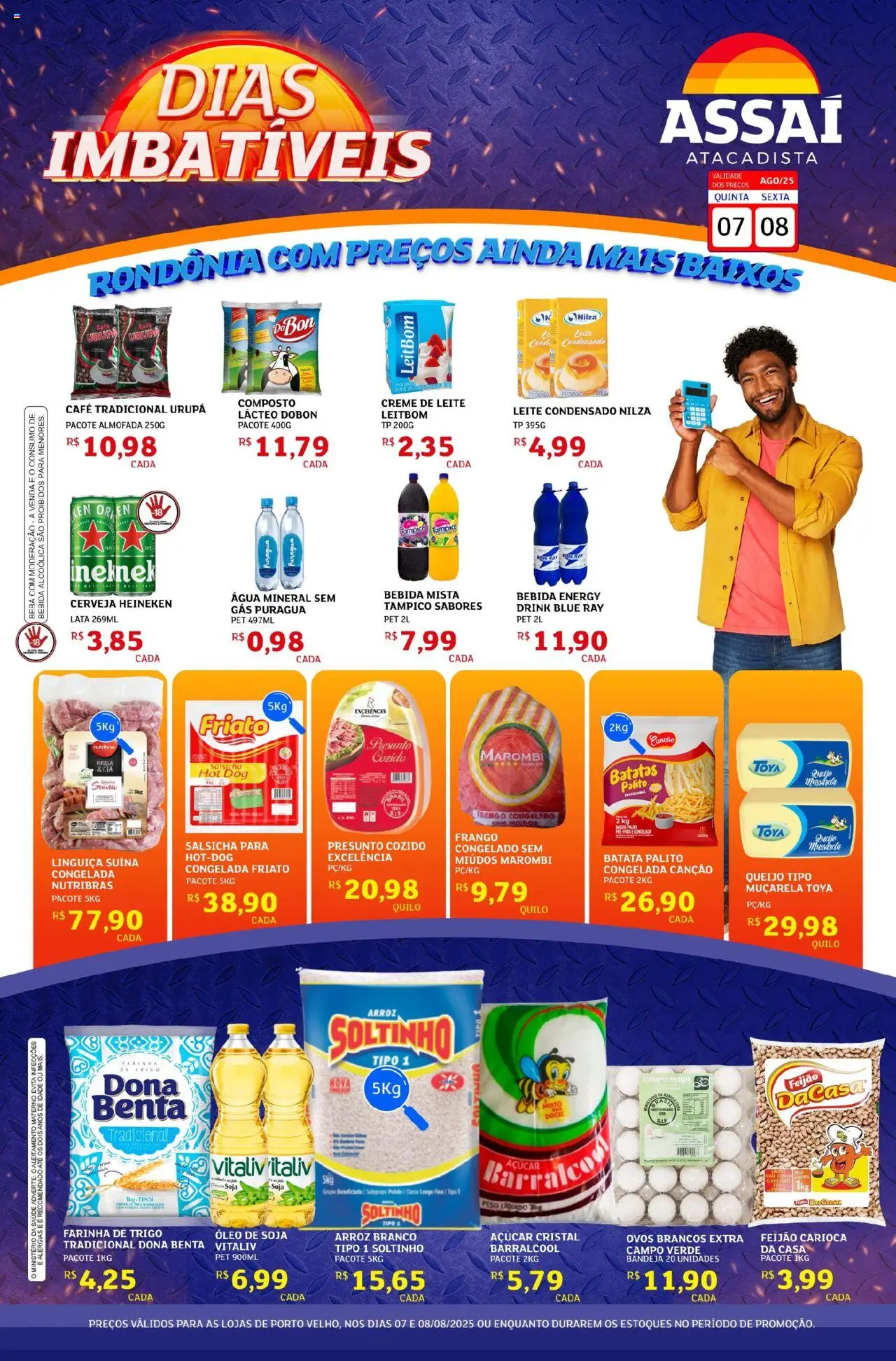 Assaí Atacadista Folheto - válido de 07.08.2025 | Página: 1 | Produtos: Feijão, Muçarela, Bebida, Creme de leite