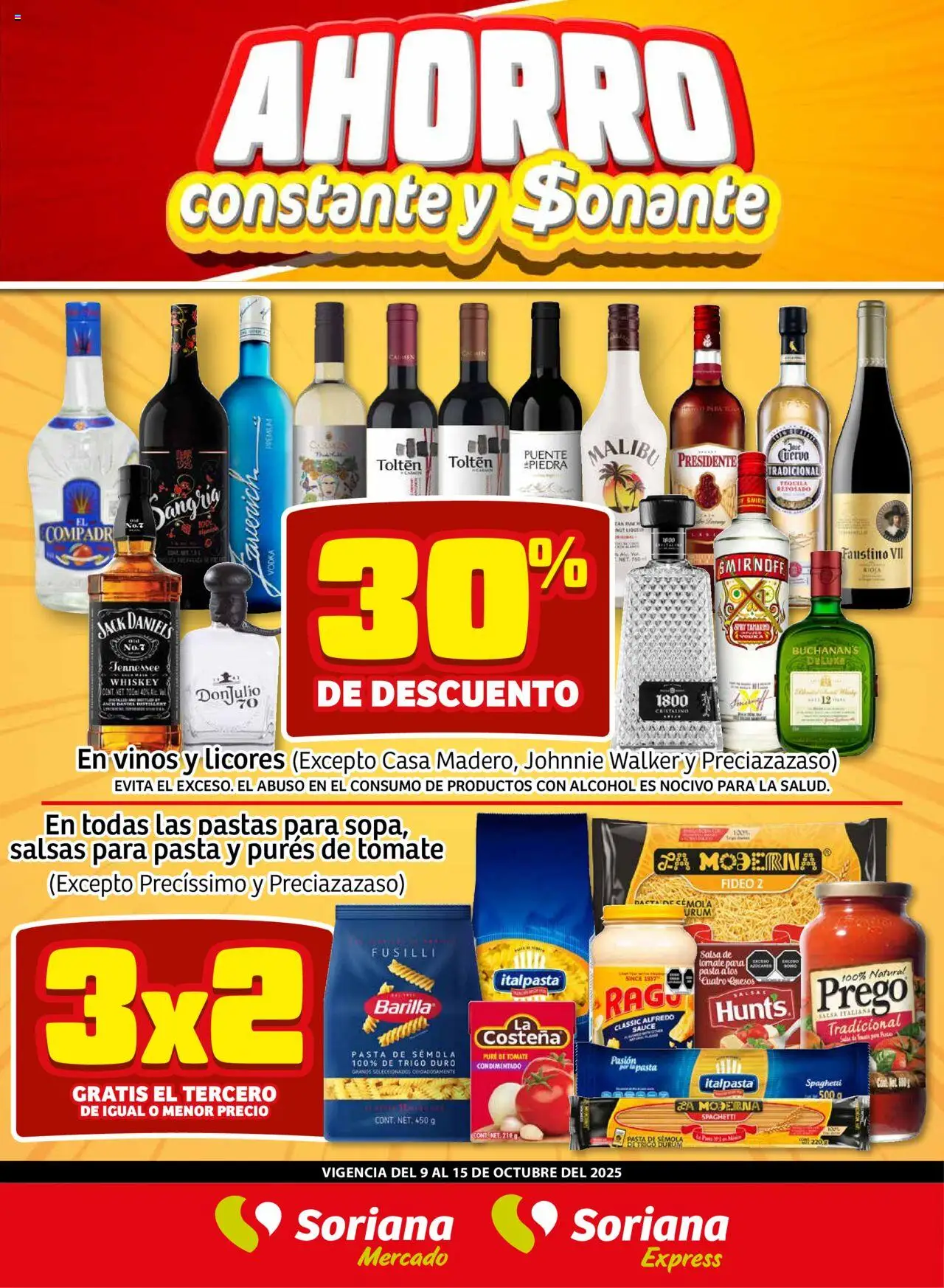 Nuevas ofertas de Soriana válidas en toda la República Mexicana desde el 09.10.2025. ¡Encuentra las mejores ofertas en Soriana - Fin de Semana Mercado: Ags, Nay, Jal, Qro, Col, Mich, Gto, Hgo, Tlax, Mor, Pue, Gro, Oax, Edo. de Mex, CDMX, Zac y SLP! | Página: 1 | Productos: Tomate, Pasta, Tequila, Salsa de tomate