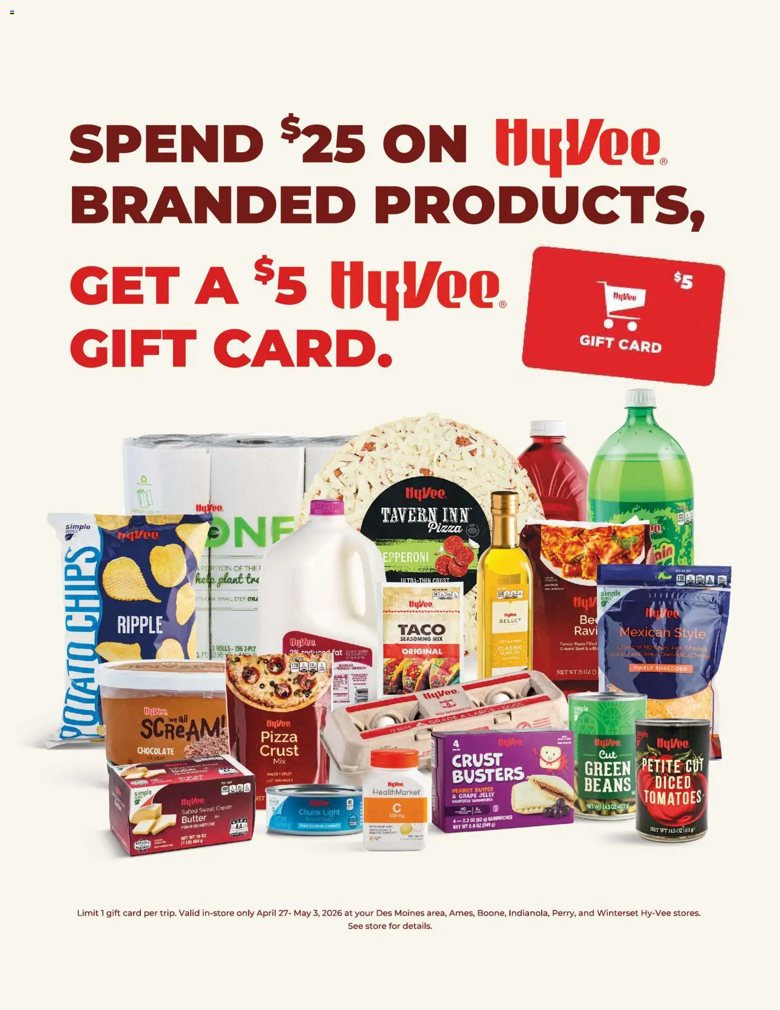 HyVee Brands Sale - valid from 27.04.2026 | Page: 1 | Products: Cheese, Pizza, Pasta, Cream