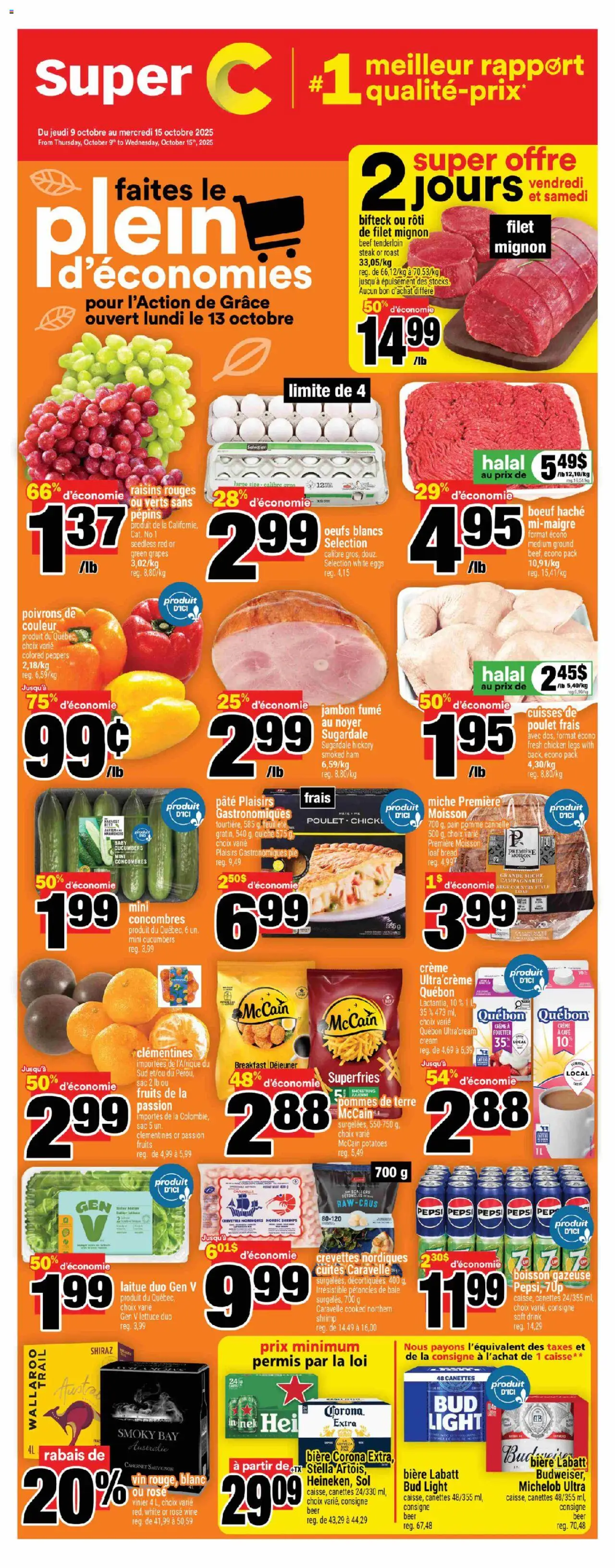 Super C flyer valid from 09.10.2025 | Page: 1 | Products: Beef, Bread, Wine, Chicken