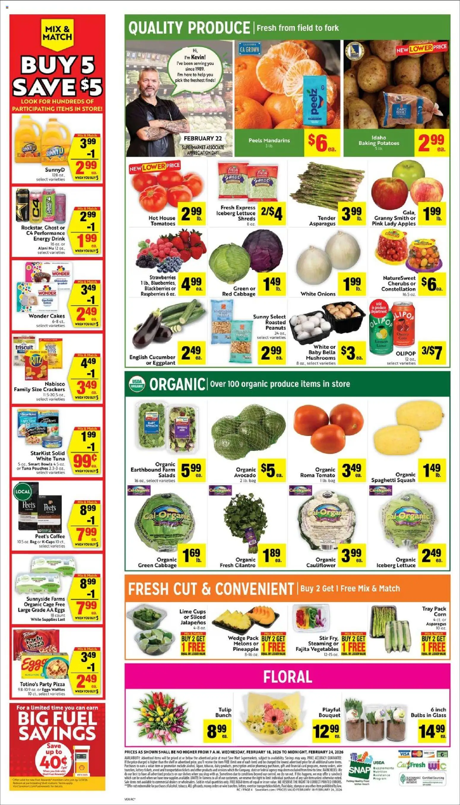 Save Mart Weekly Ad - valid from 18.02.2026 | Page: 4 | Products: Mandarins, Coffee, Pineapple, Potatoes