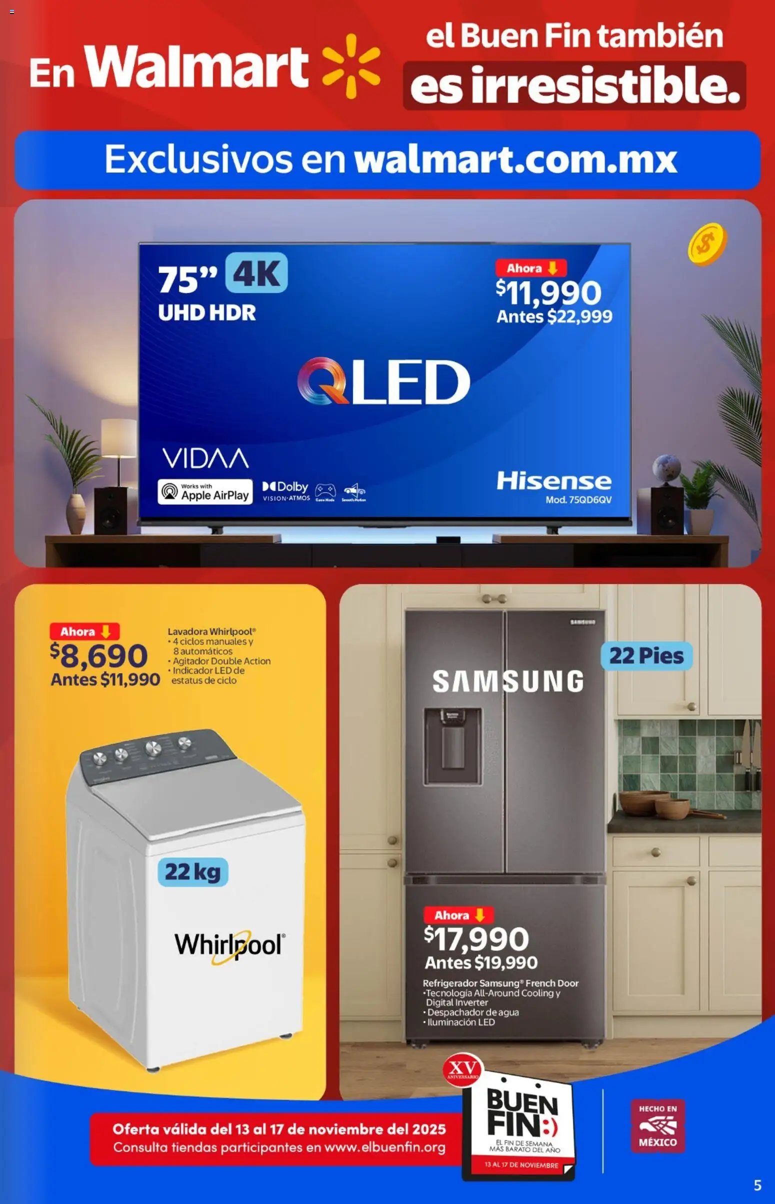 Nuevas ofertas de Walmart válidas en toda la República Mexicana desde el 13.11.2025. ¡Encuentra las mejores ofertas en Walmart Buen Fin ! | Página: 5 | Productos: Refrigerador, Agua, Lavadora
