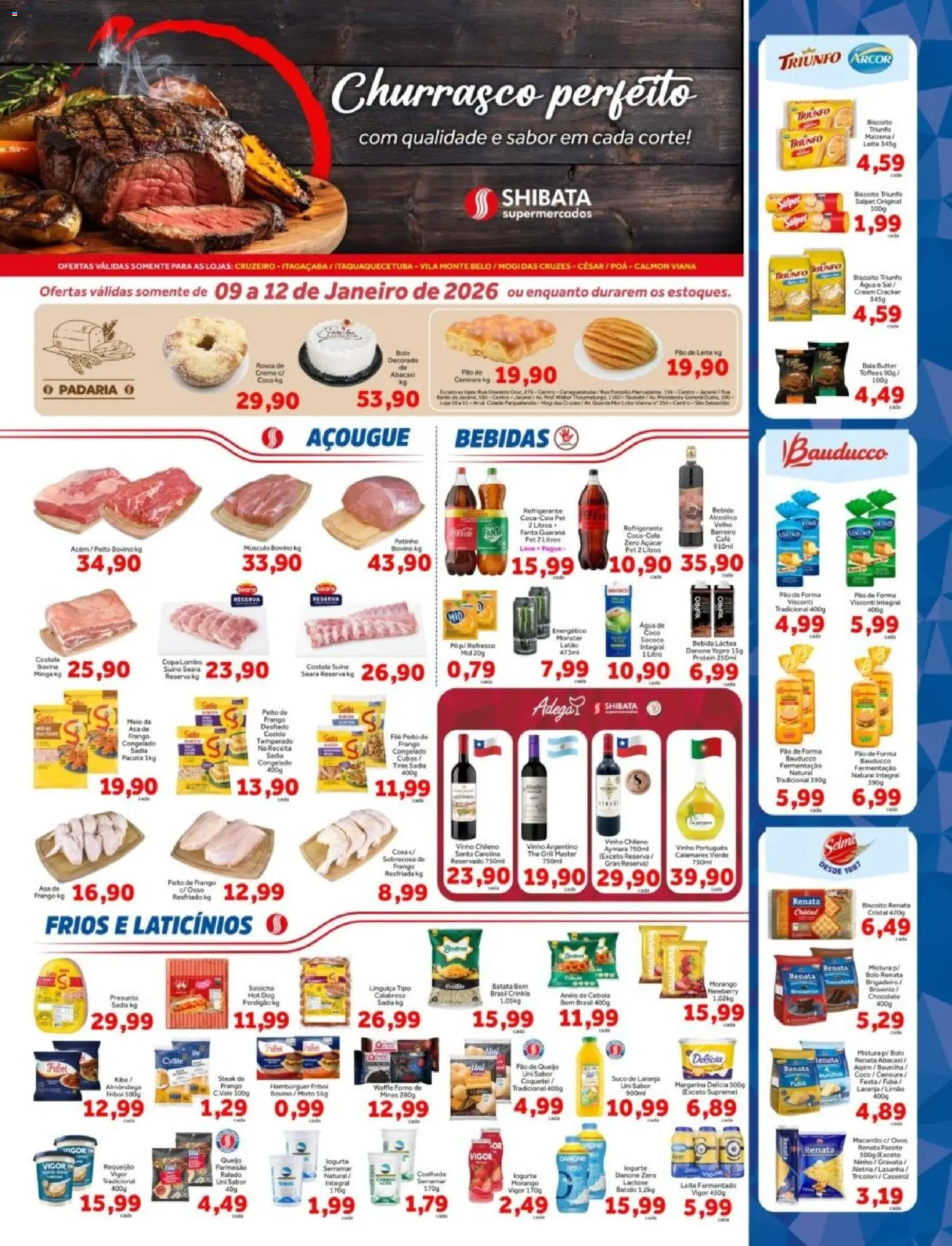 Shibata Folheto - válido de 09.01.2026 | Página: 1 | Produtos: Pão, Vinho, Macarrão, Peito de frango