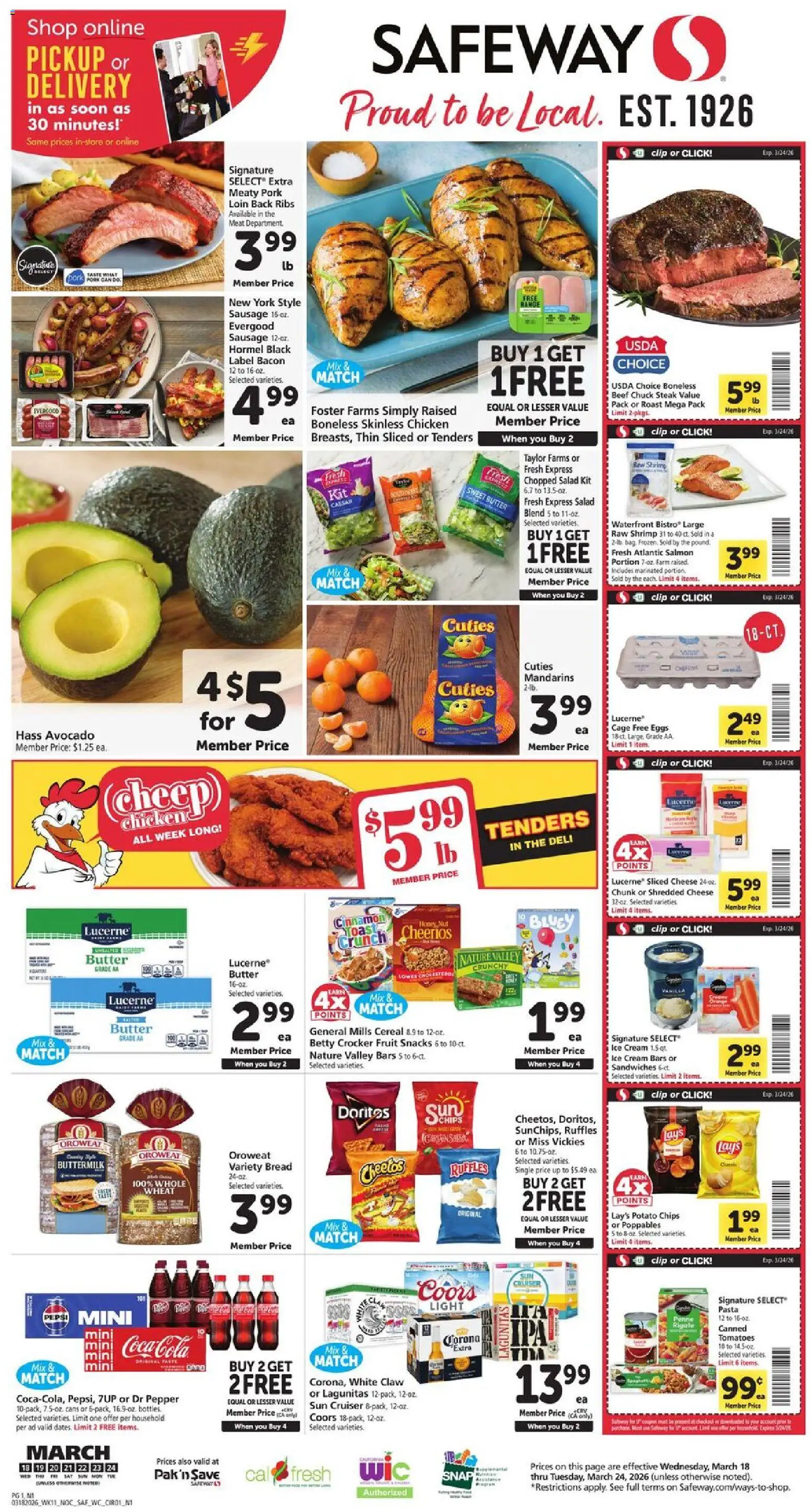 Safeway Weekly Ad - valid from 18.03.2026 | Page: 1 | Products: Mandarins, Cheese, Bread, Pasta