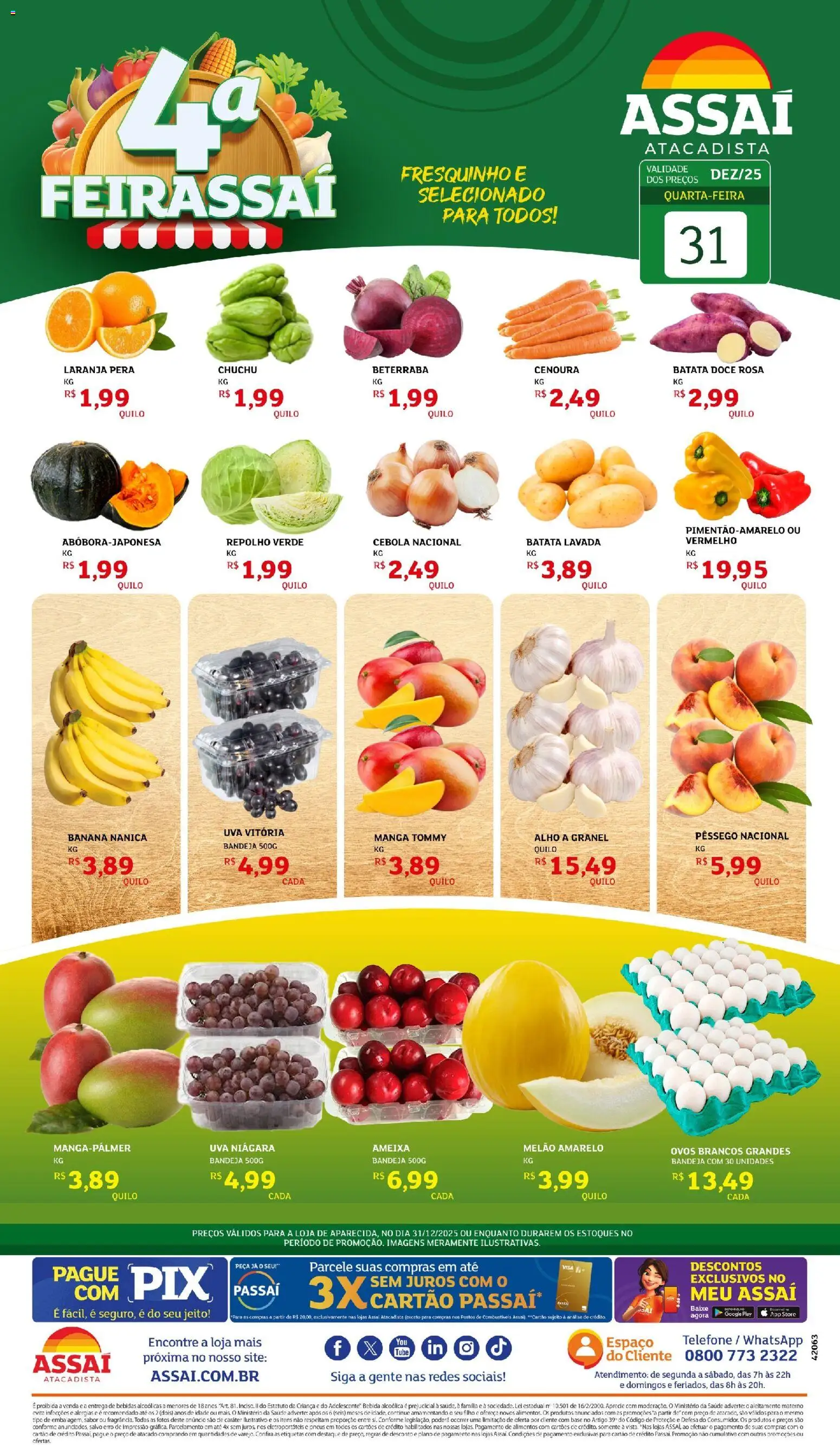 Assaí Atacadista Folheto - válido de 31.12.2025 | Página: 1 | Produtos: Pera, Cebola, Bebida, Telefone
