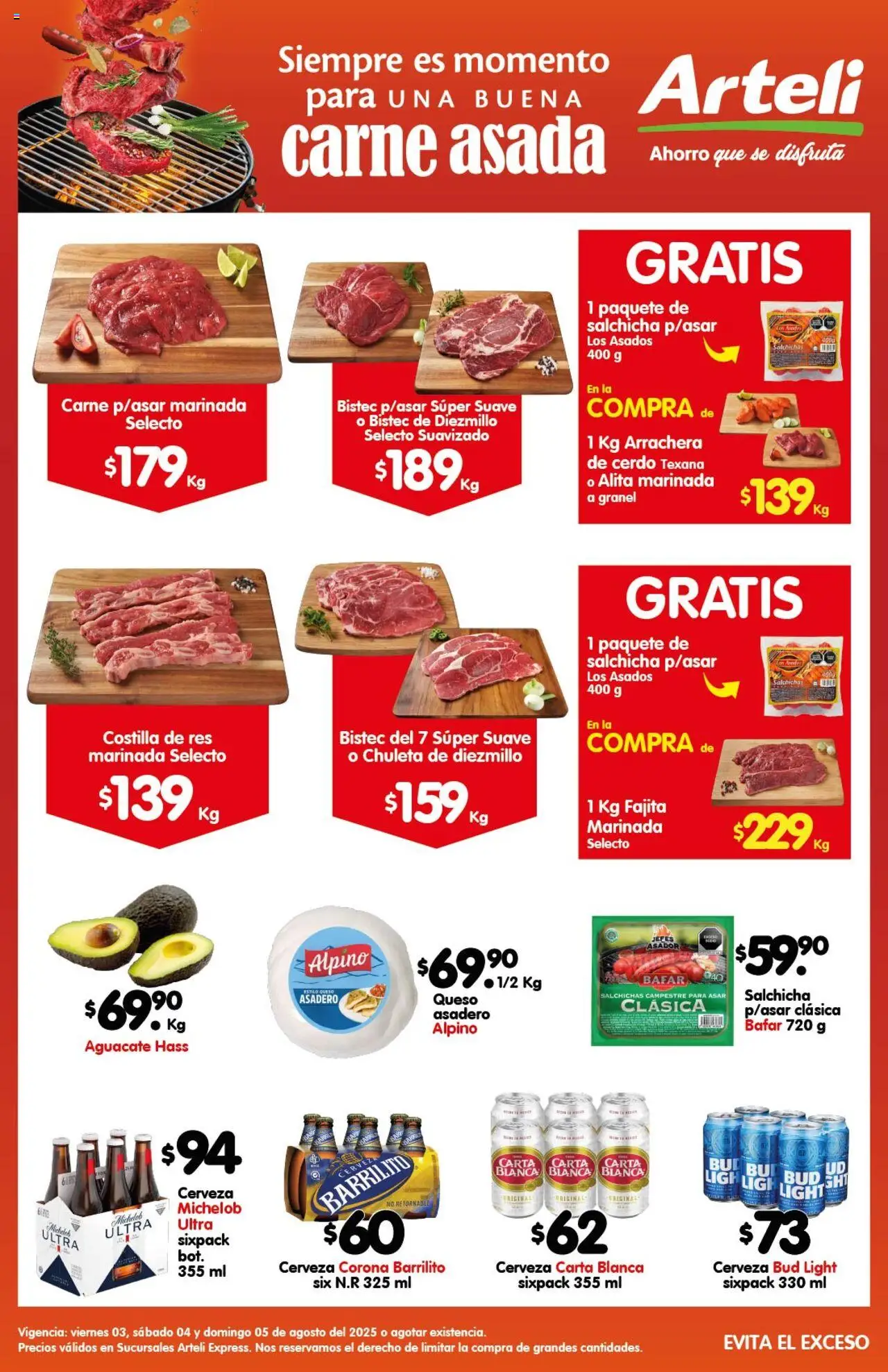 Nuevas ofertas de Arteli válidas en toda la República Mexicana desde el 03.08.2025. ¡Encuentra las mejores ofertas en Arteli - Folleto Express Carnes & Cortes ! | Página: 1 | Productos: Queso, Aguacate, Cerveza, Res