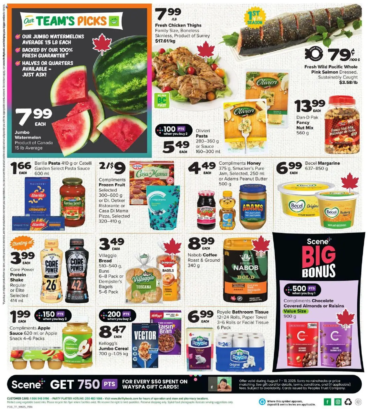 Thrifty Foods flyer valid from 07.08.2025 | Page: 3 | Products: Butter, Bread, Chocolate, Chicken