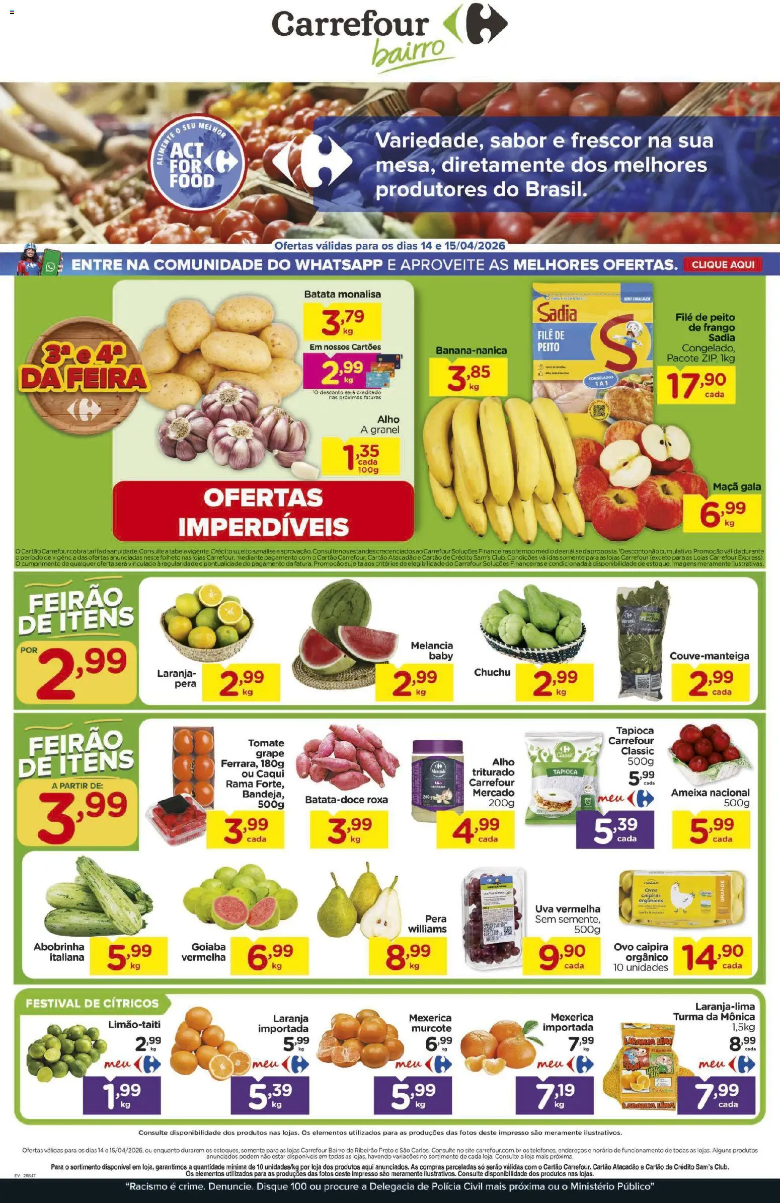 Carrefour Bairro Folheto - válido de 14.04.2026 | Página: 1 | Produtos: Melancia, Chuchu, Batata, Frango