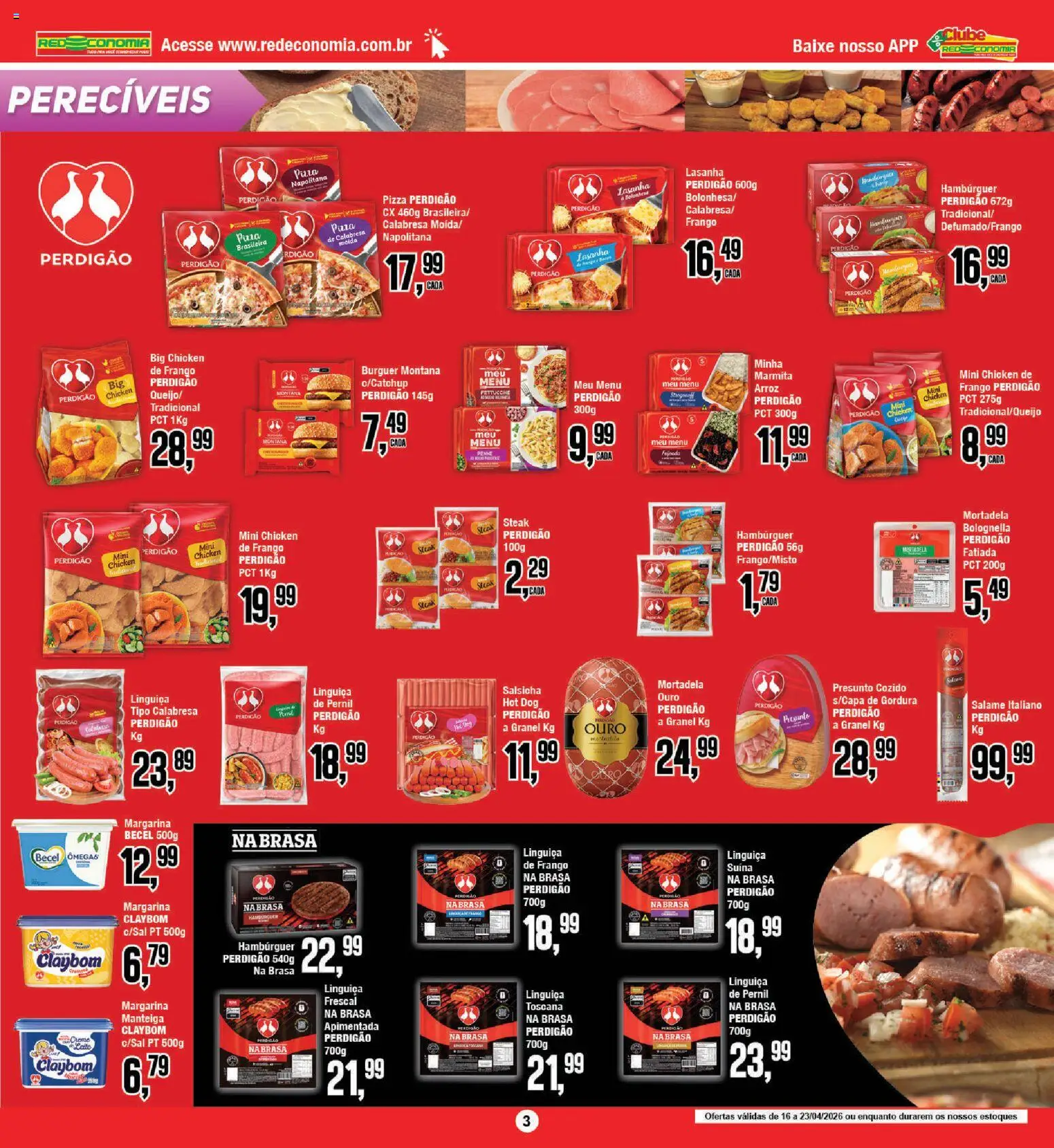 RedEconomia Folheto - válido de 16.04.2026 | Página: 3 | Produtos: Pernil, Pizza, Mortadela, Hambúrguer