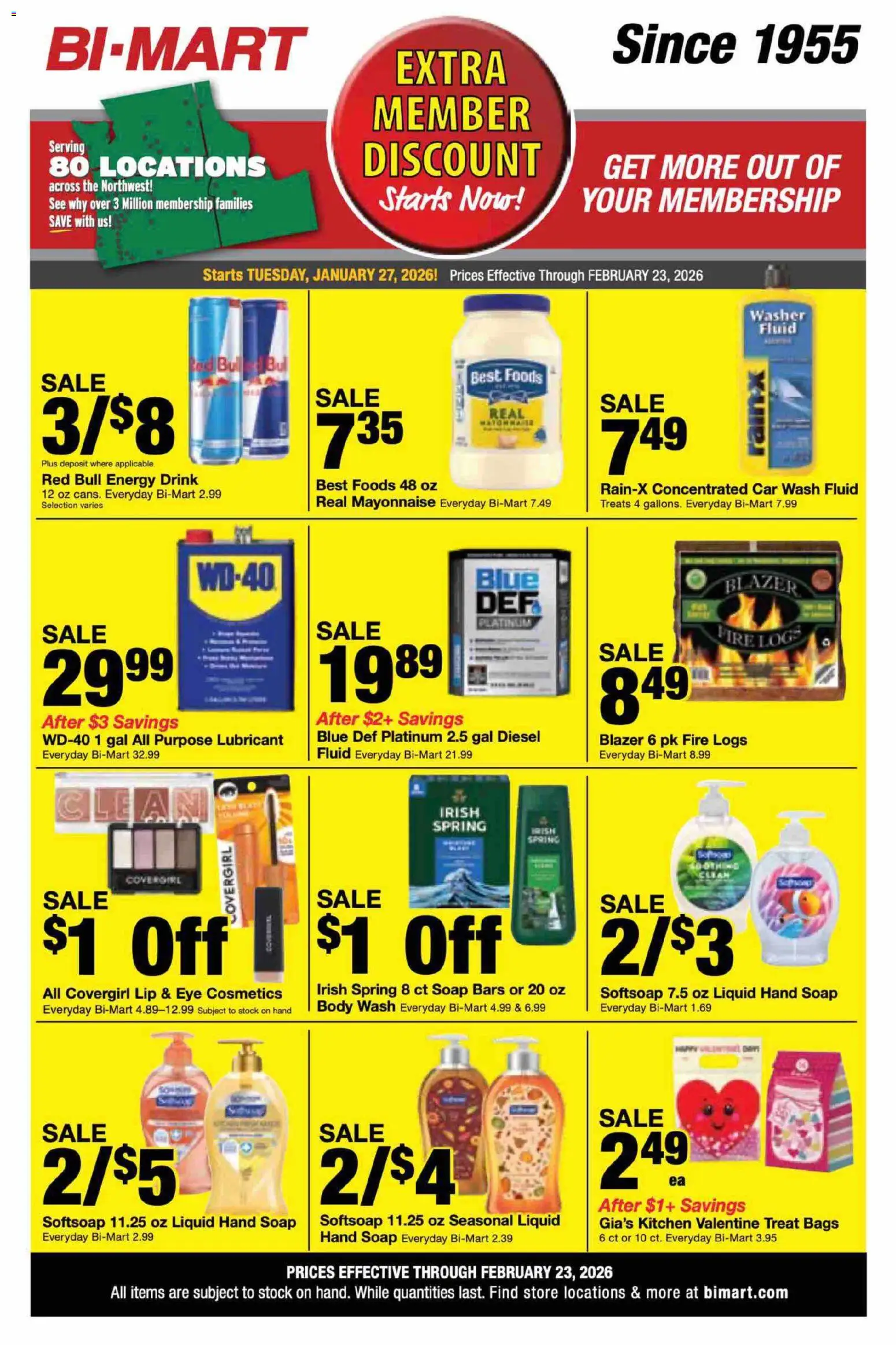 Bi-Mart Weekly Ad - valid from 27.01.2026 | Page: 1 | Products: Soap, Body Wash, Mayonnaise, Washer