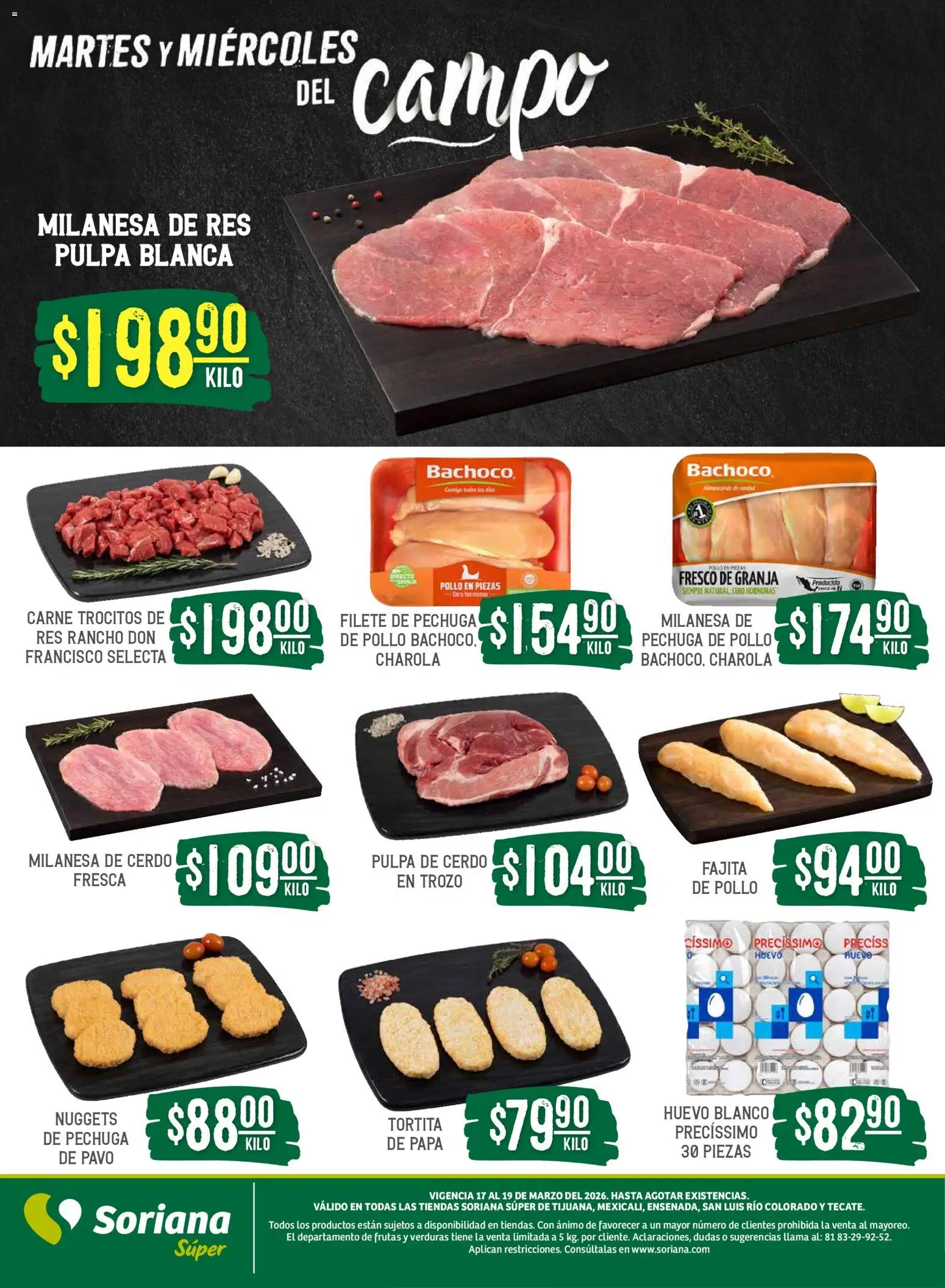 Nuevas ofertas de Soriana válidas en toda la República Mexicana desde el 17.03.2026. ¡Encuentra las mejores ofertas en Soriana Martes y Miércoles del Campo Súper: Tijuana, Mexicali, Ensenada, San Luis Río Colorado y Tecate! | Página: 5 | Productos: Pollo, Papa, Huevo, Res
