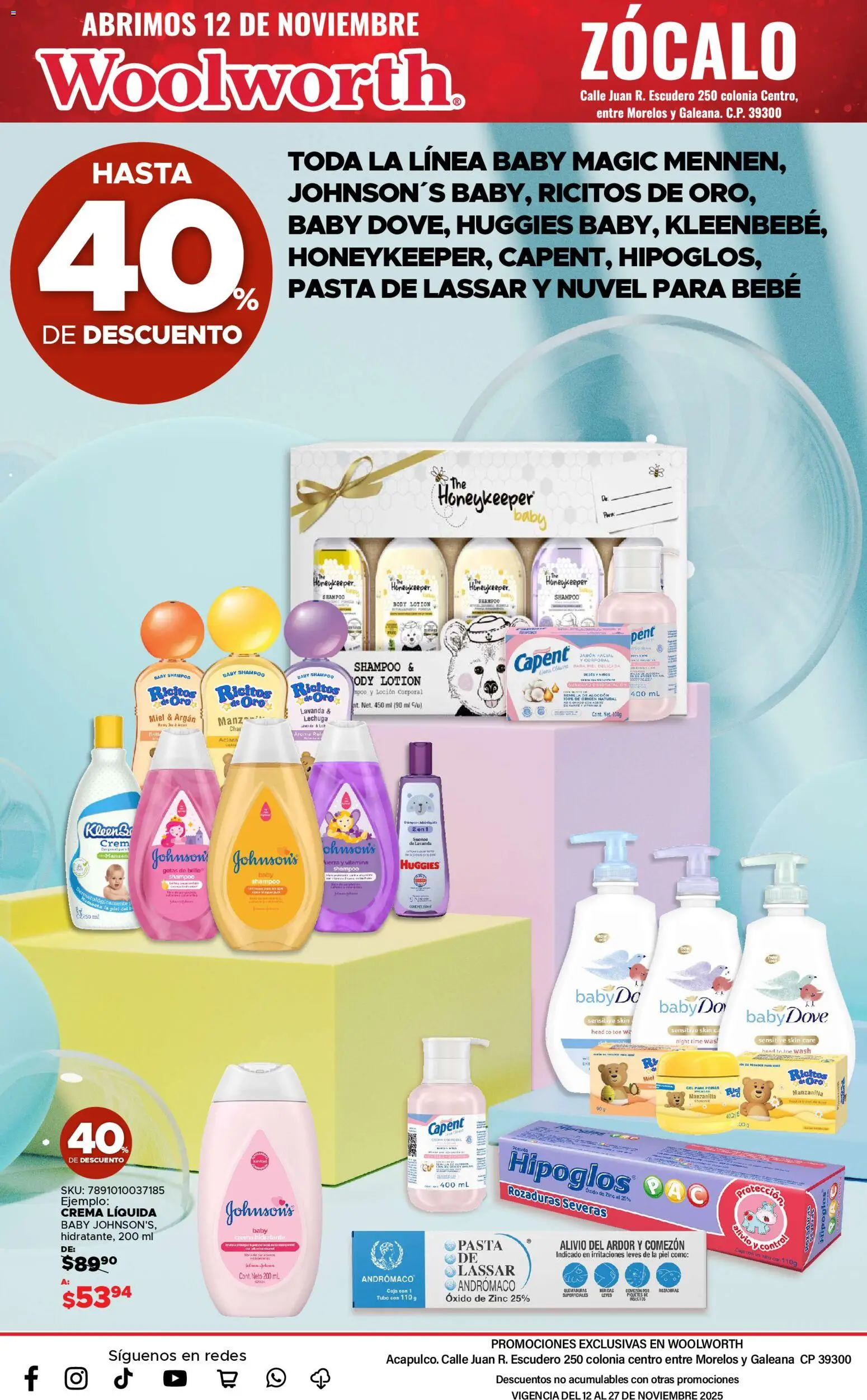 Nuevas ofertas de Del Sol y Woolworth válidas en toda la República Mexicana desde el 12.11.2025. ¡Encuentra las mejores ofertas en Del Sol y Woolworth catálogo Apertura Acapulco Centro 217! | Página: 53 | Productos: Crema, Lechuga, Loción, Algodón