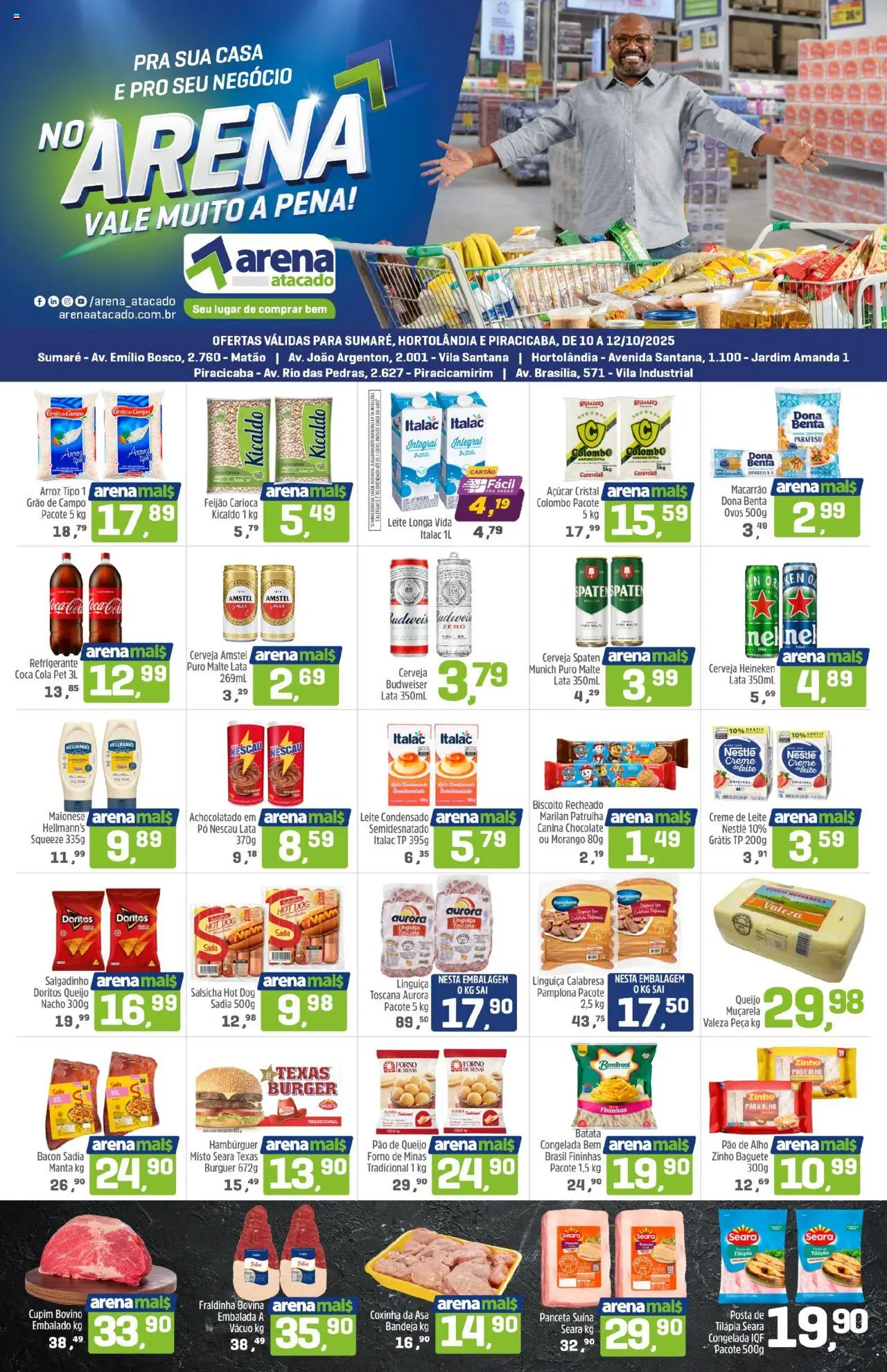 Arena Atacado Folheto - válido de 10.10.2025 | Página: 1 | Produtos: Salsicha, Tilápia, Massa, Batata