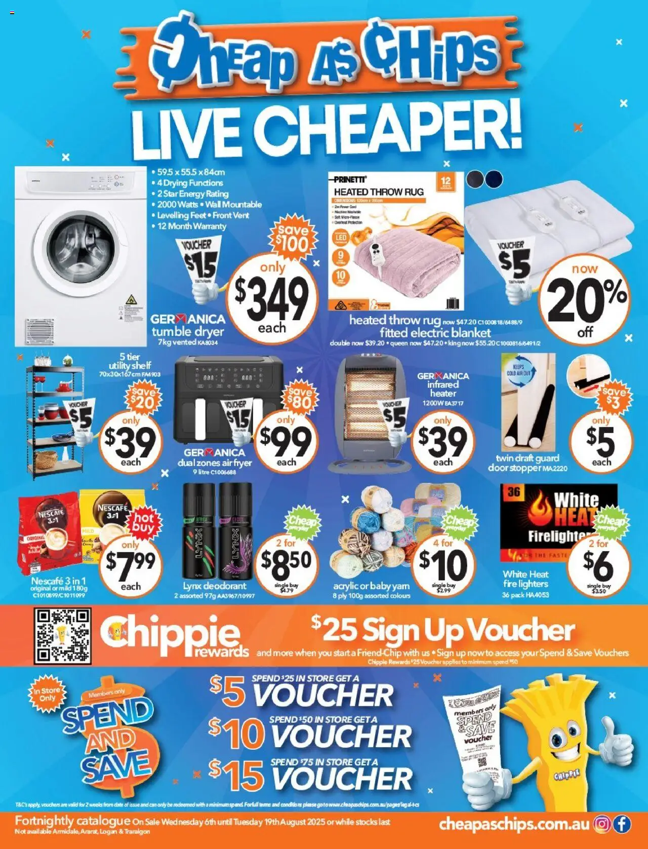Cheap as Chips catalogue - valid from 06.08.2025 | Page: 1 | Products: Deodorant, Chips, Date, Blanket