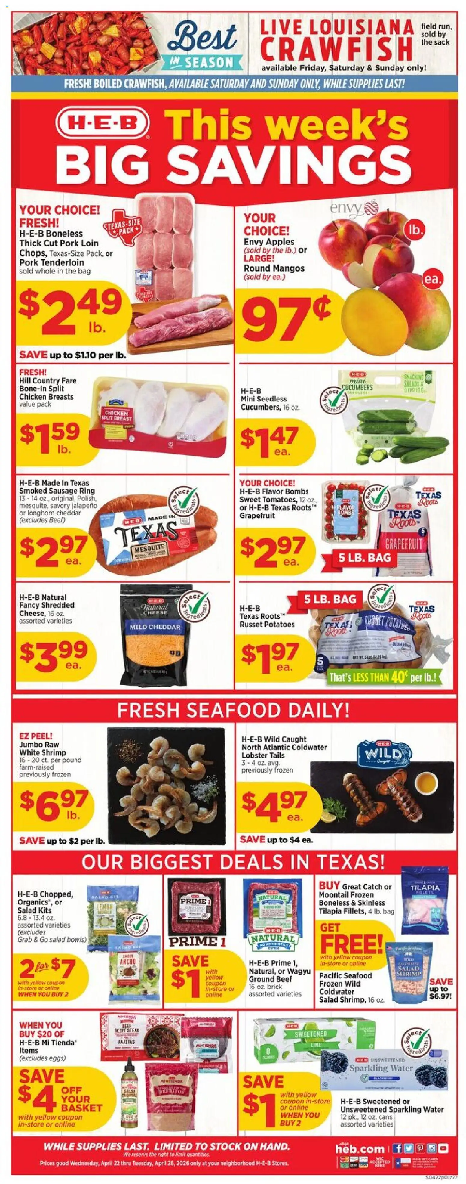 H-E-B Weekly Ad - valid from 22.04.2026 | Page: 1 | Products: Basket, Water, Sausage, Lime