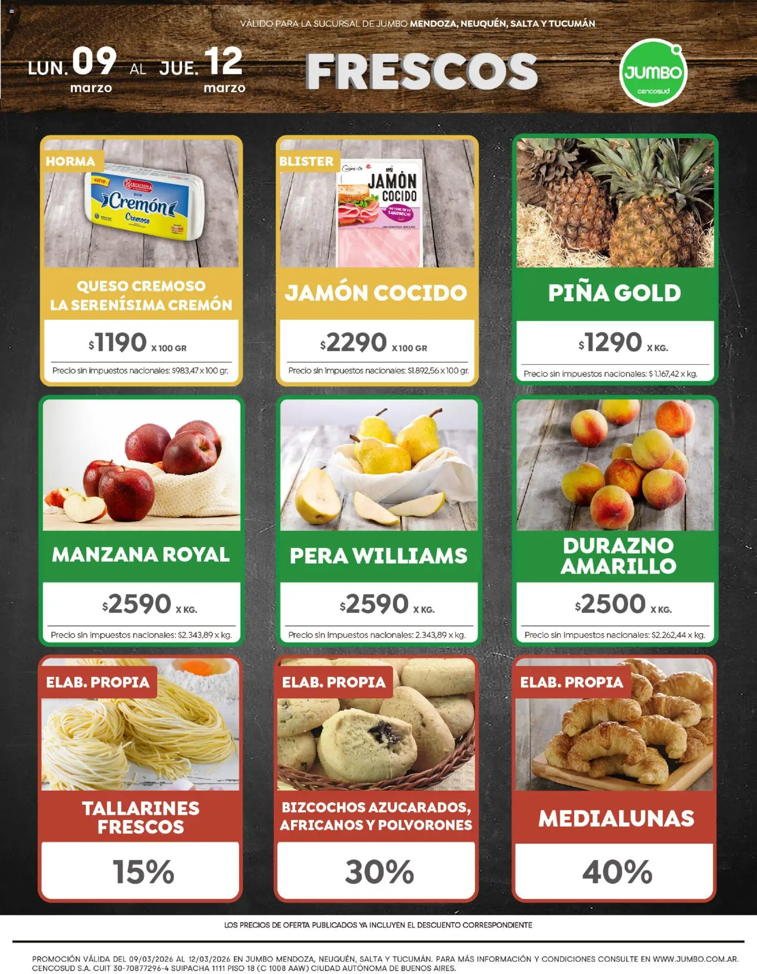 Jumbo - Ofertas | Interior │ válido desde el 09.03.2026 | Página: 1 | Productos: Pera, Durazno, Jamón, Bizcochos