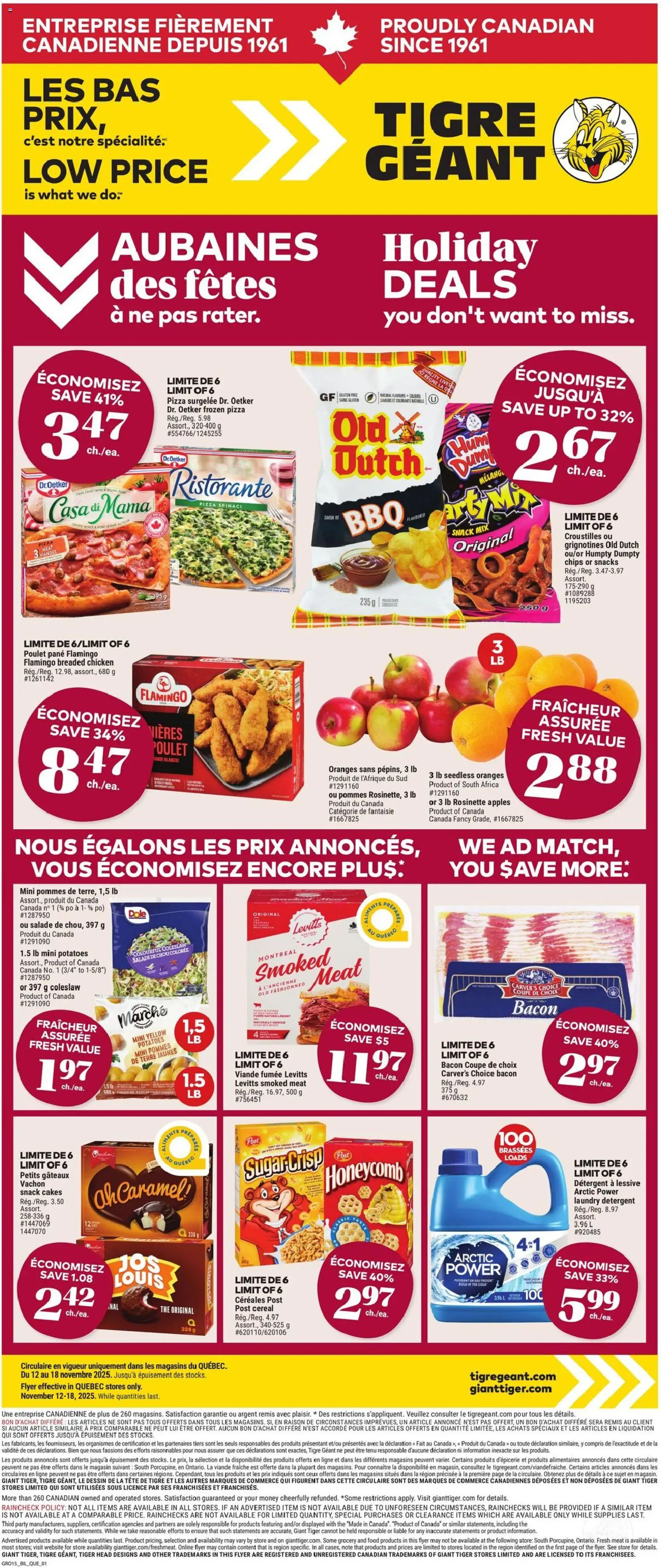 Giant Tiger flyer valid from 12.11.2025 | Page: 1 | Products: Potatoes, Detergent, Pizza, Oranges