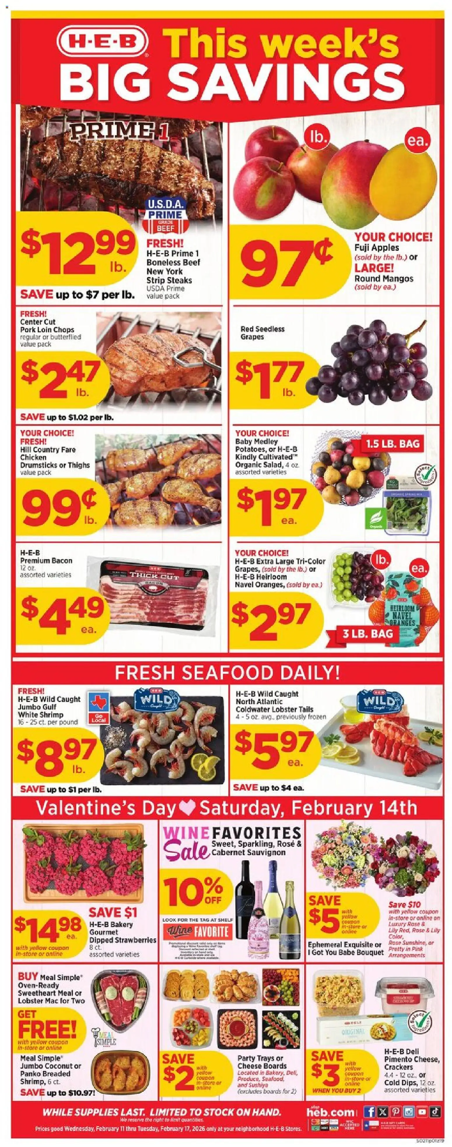 H-E-B Weekly Ad - valid from 11.02.2026 | Page: 1 | Products: Cheese, Wine, Oranges, Beef